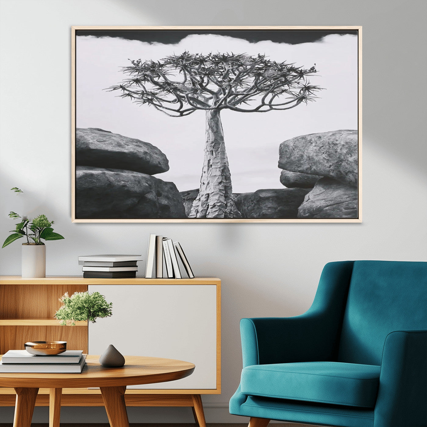 Black and white Joshua tree with bold rocky background, ideal for minimalist or desert-inspired home wall decoration.