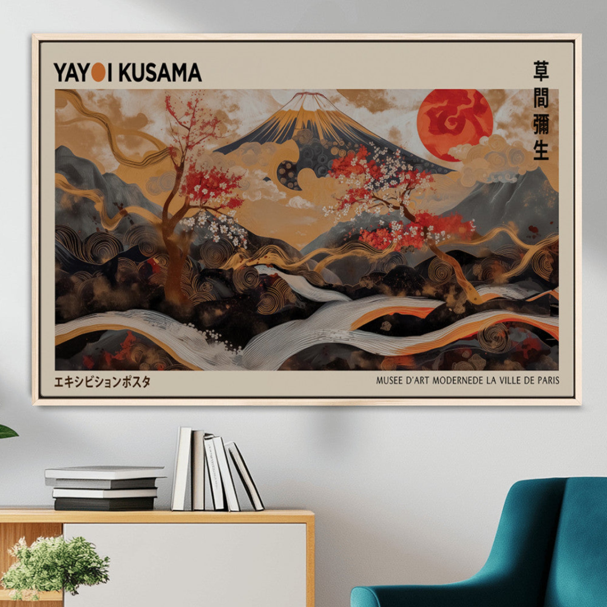 77970791-MGV-CV-36X24-Modern Japanese Wall Art Canvas Print – Framed Abstract Mount Fuji Scene with Yayoi Kusama Artwork for Home, Office