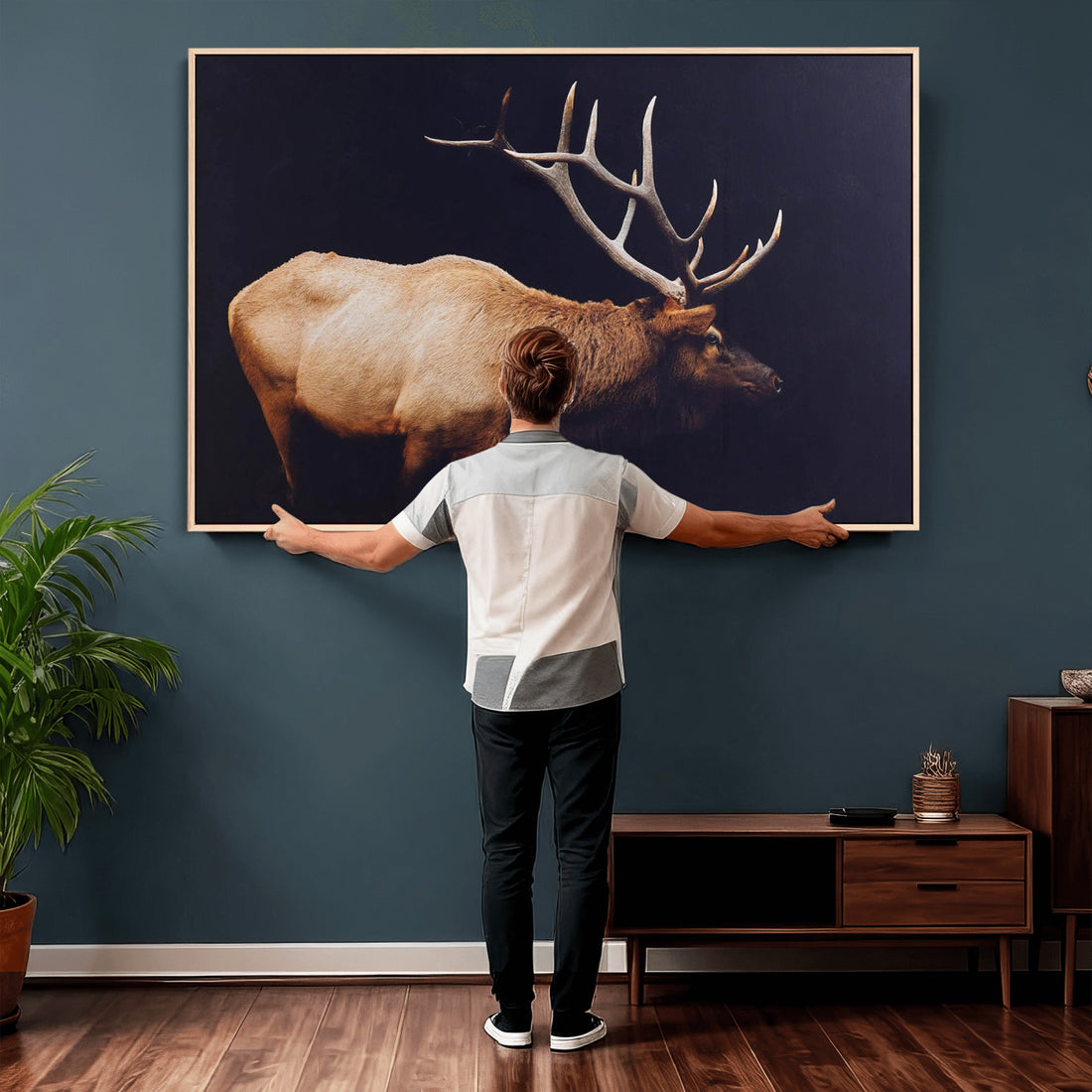 Rustic Elk Wall Art Canvas Print, Framed Moody Wildlife Art, Western Lodge Decor