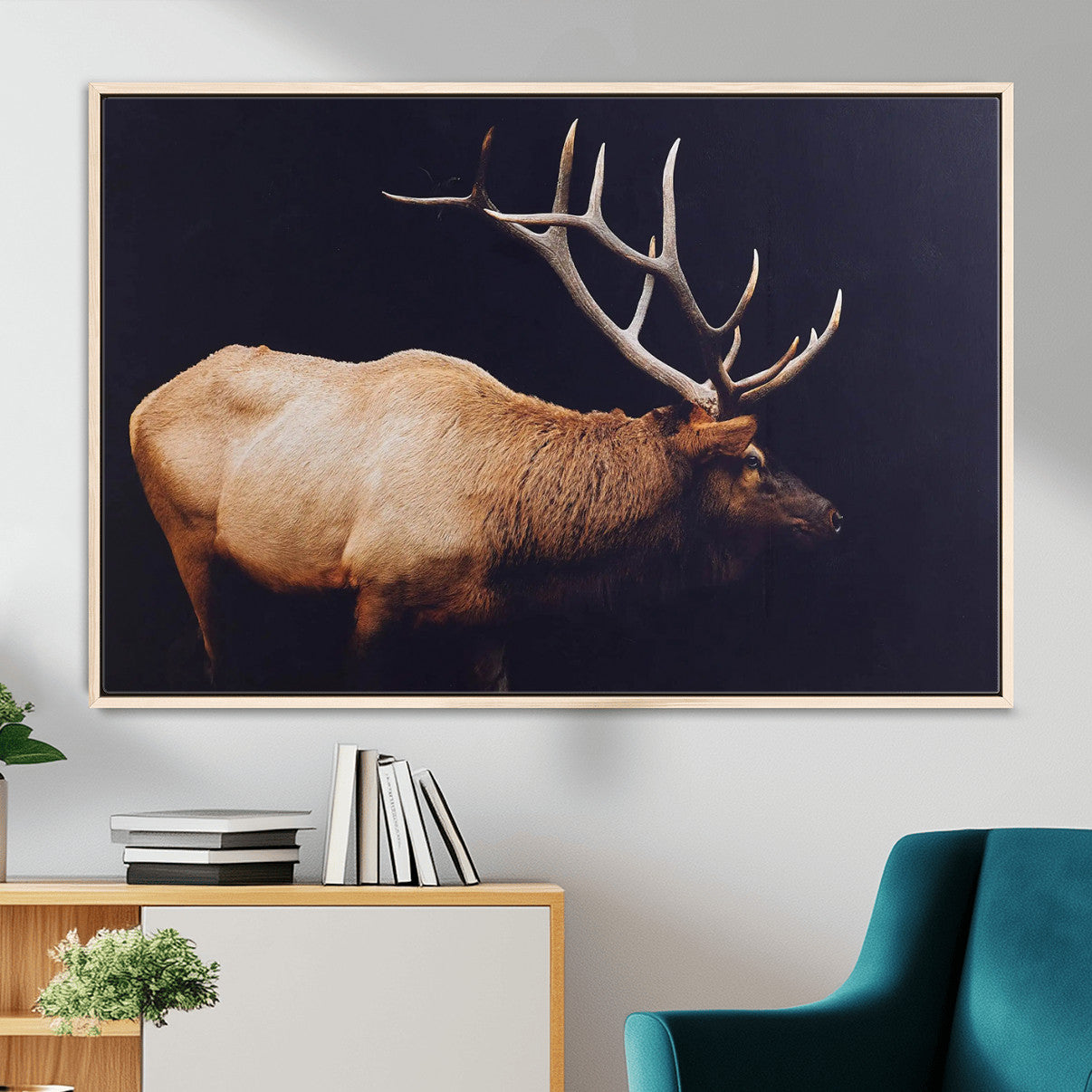 89239257-MGV-FC-36X24 - Rustic Elk Wall Art Canvas Print – Framed Moody Wildlife Art Picture Western Animal Artwork for Home, Office