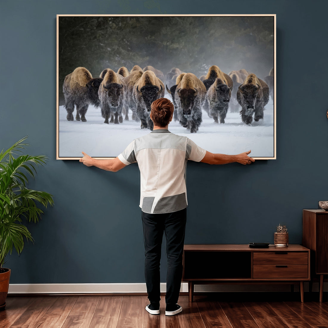 Bison Herd Wall Art Canvas Print, Framed Rustic Wildlife Decor, Snowy Bison Landscape