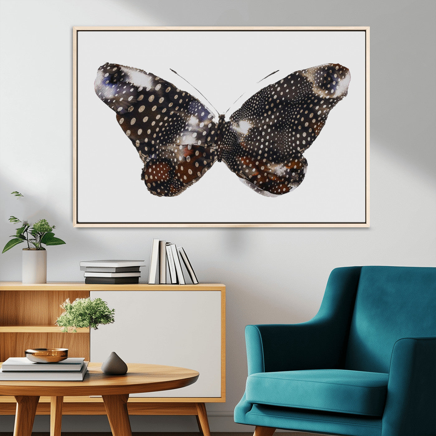MGV-FC-36X24 - Spotted Butterfly Wall Art Canvas Print, Framed Neutral Insect Theme Art Picture Print, Earthy Wing Pattern Perfect Modern Rustic Decor Artwork