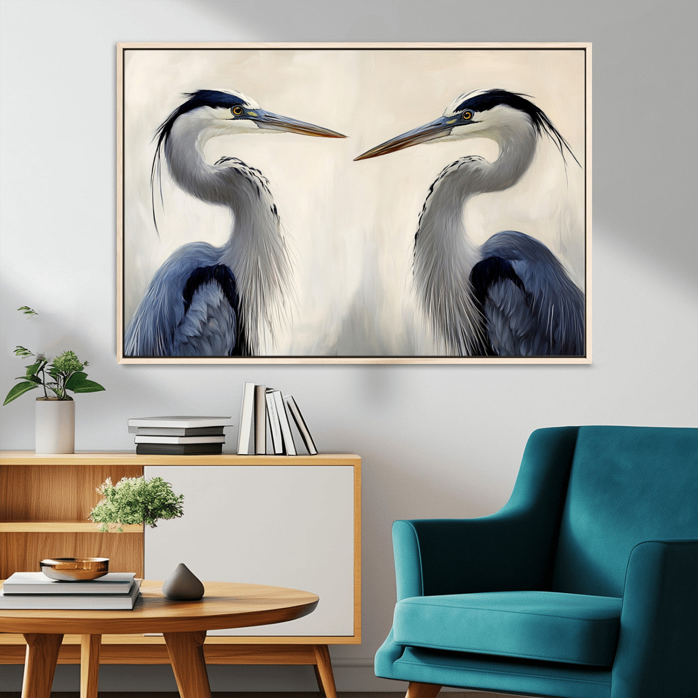 MGV-FC-36X24 - Blue Heron Pair Wall Art Canvas Print, Framed Coastal Bird Theme Art Picture Print, Tranquil Wildlife Scene Perfect Coastal Minimalist Decor Artwork