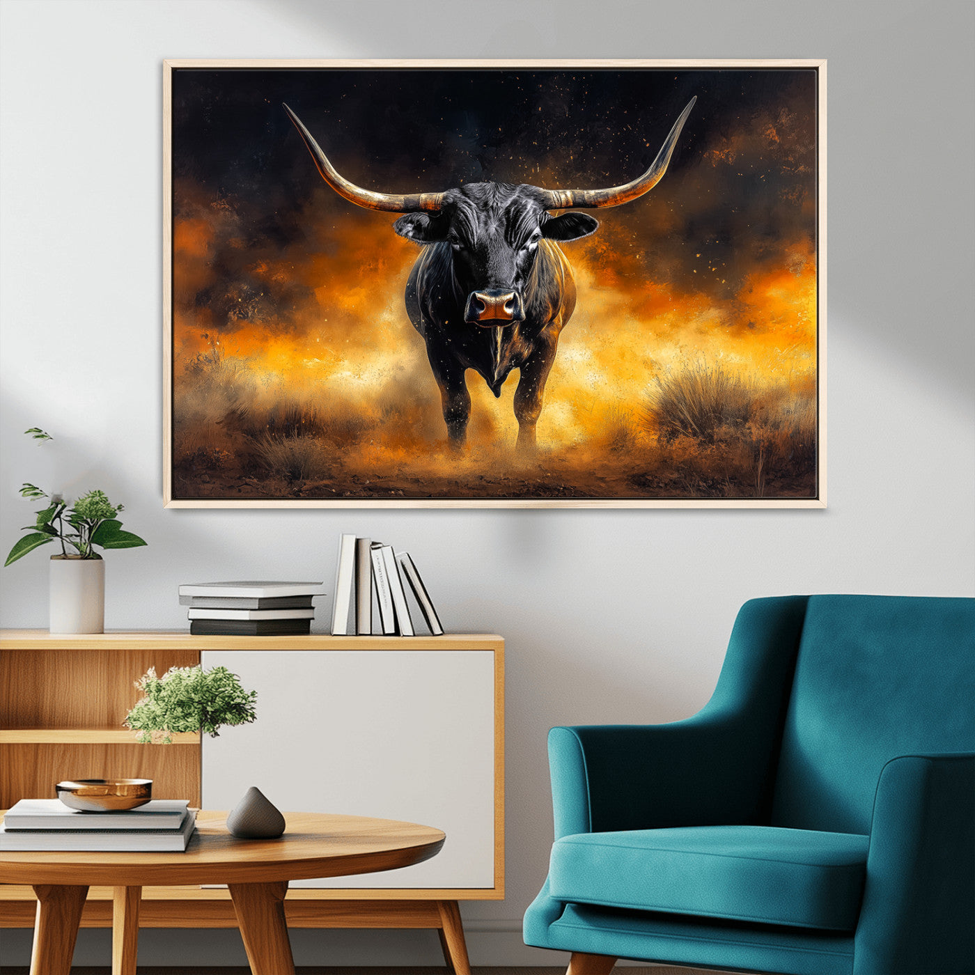 MGV-FC-36X24 - Longhorn Canvas Wall Art Canvas Print, Framed Bold Bull Wall Art Art Picture Print, Western Animal Decor Perfect Western Dramatic Decor Artwork