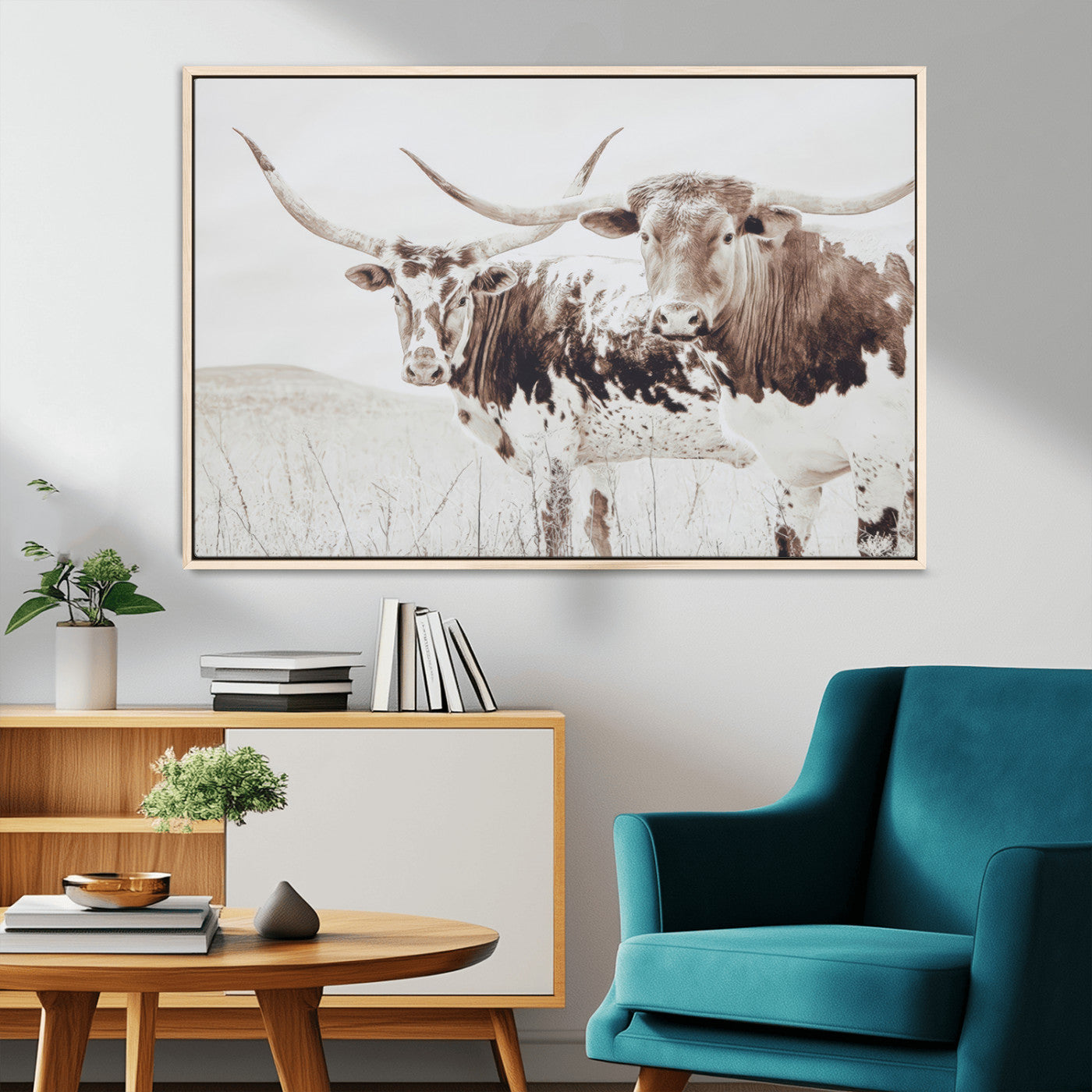 MGV-FC-36X24 - Longhorn Wall Art Wall Art Canvas Print, Framed Western Cow Canvas Art Picture Print, Rustic Farm Decor Perfect Rustic Farmhouse Decor Artwork