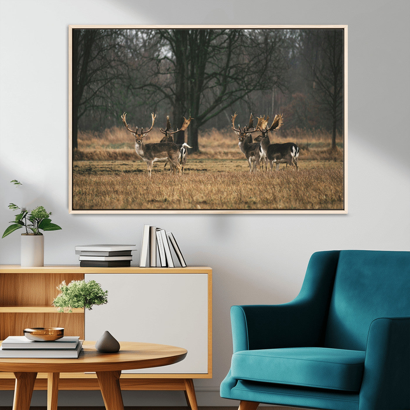 MGV-FC-36X24 - Deer Photography Wall Art Canvas Print, Framed Rustic Wildlife Art Picture Print, Stags In Forest Perfect Rustic Wilderness Decor Artwork