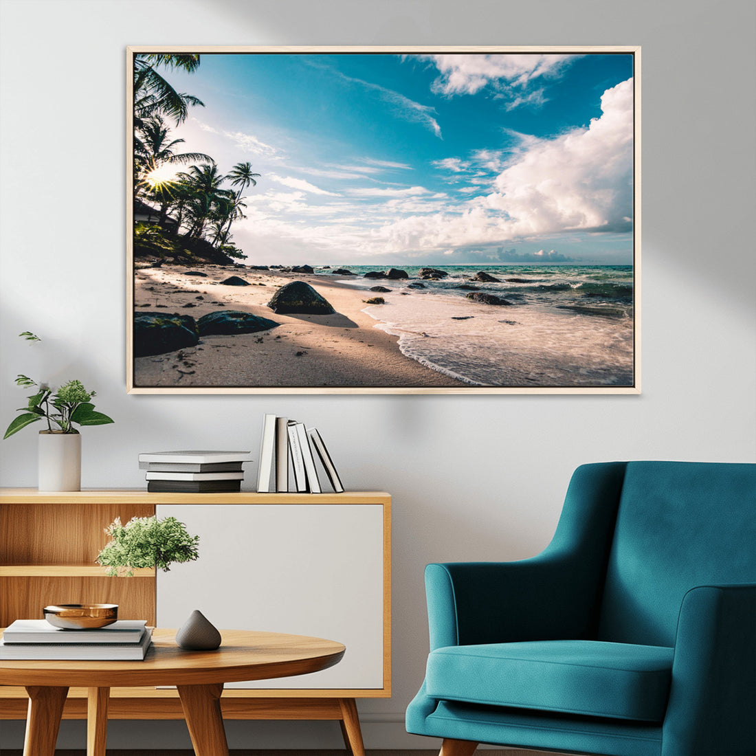 Tropical Beach Wall Art Canvas Print, Framed Ocean Waves Relaxing Seascape