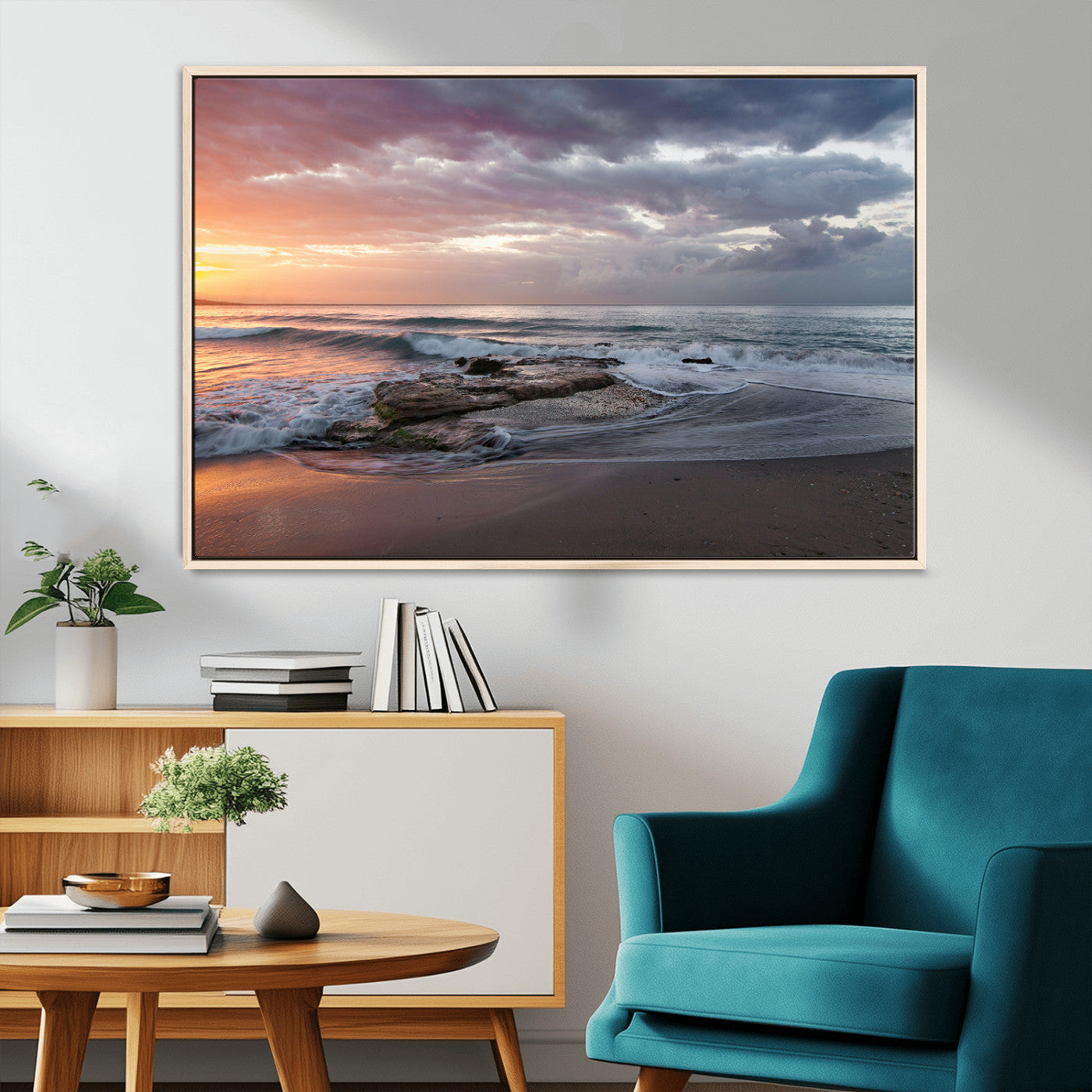 MGV-FC-36X24 - Golden Hour Wall Art Canvas Print, Framed Tranquil Waves Art Picture Print, Beach Perfect Coastal Serenity Decor Artwork