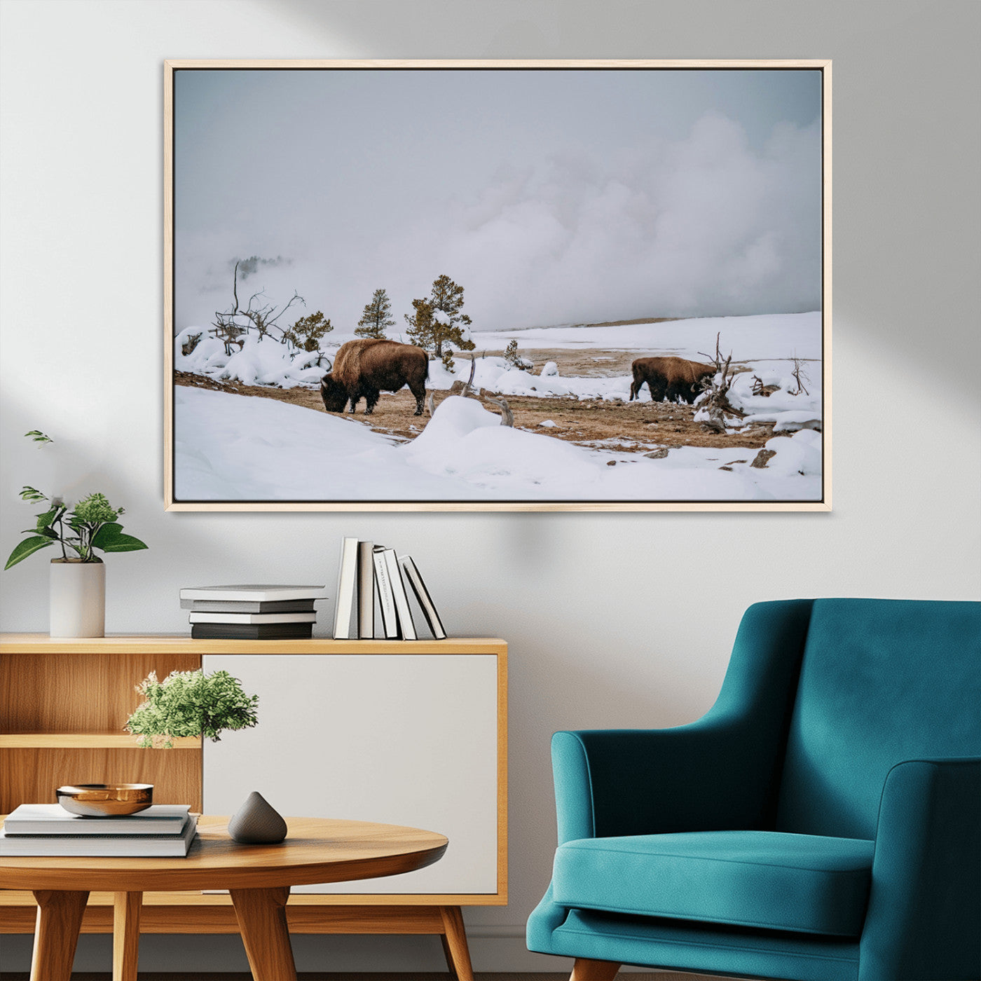 MGV-FC-36X24 - Bison Wildlife Wall Art Canvas Print, Framed Snowy Prairie Art Picture Print, Western Perfect Rustic Decor Artwork