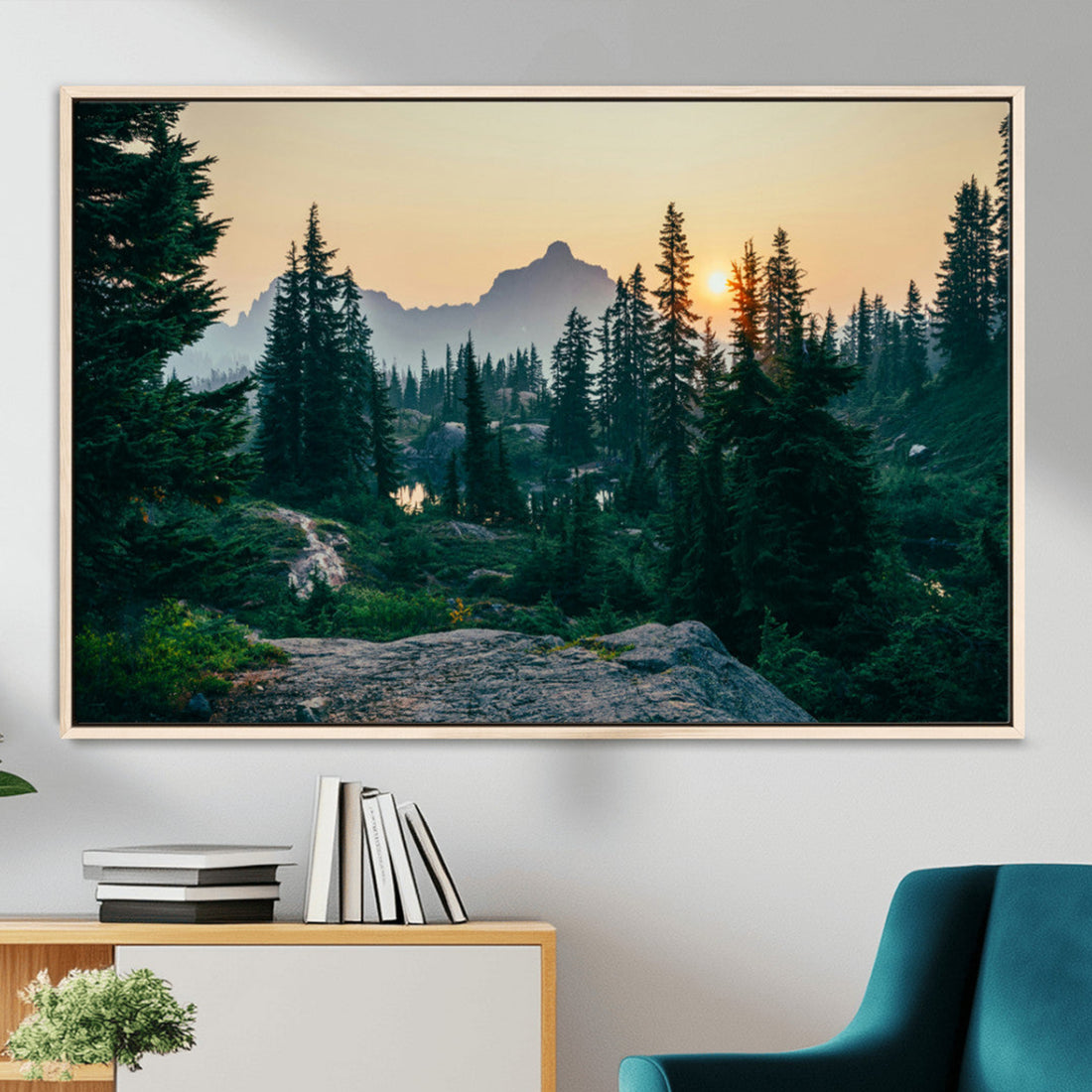Mountain Wall Art Canvas Print, Framed Forest Serenity Golden Hour
