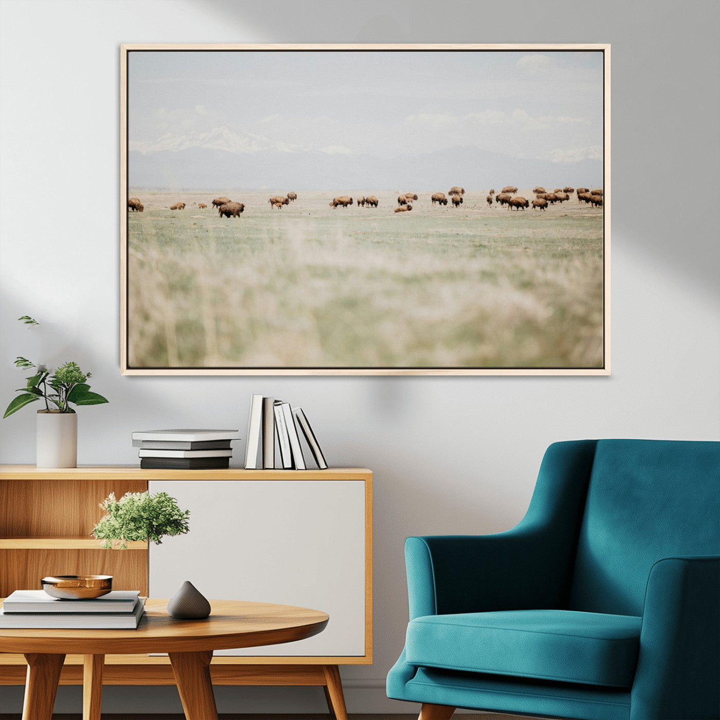 MGV-FC-36X24 - Bison Herd Wall Art Canvas Print, Framed Western Art Picture Print, Bison Perfect Ranch Decor Artwork