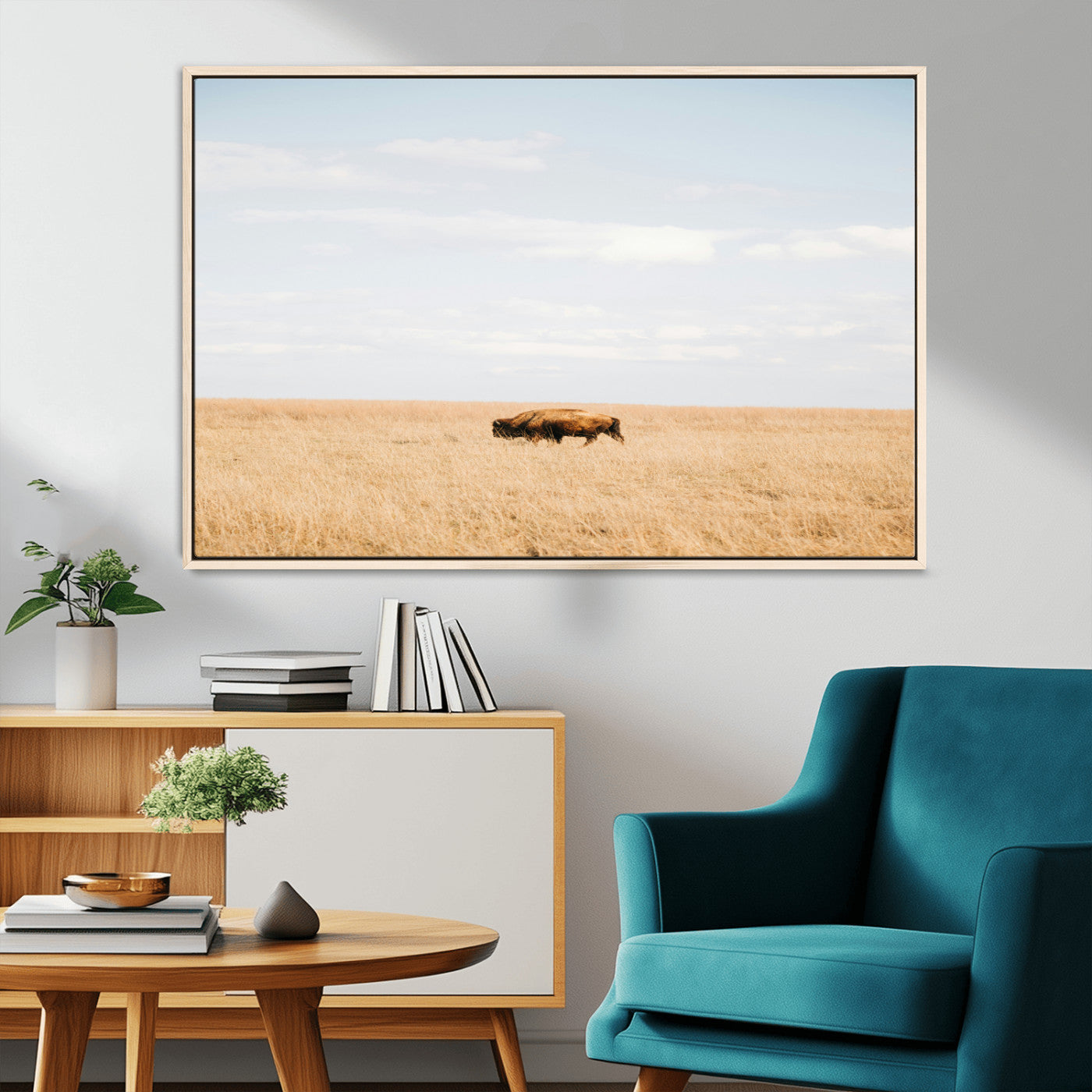 MGV-FC-36X24 - Minimalist Nature Wall Art Canvas Print, Framed Bison In Grassland Art Picture Print, Open Field Perfect Modern Ranch Decor Decor Artwork
