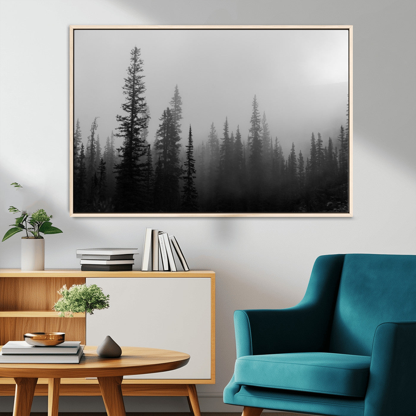 MGV-FC-36X24 - Misty Pines Wall Art Canvas Print, Framed Woodland Photography Art Picture Print, Minimalist Decor Perfect Rustic Decor Artwork