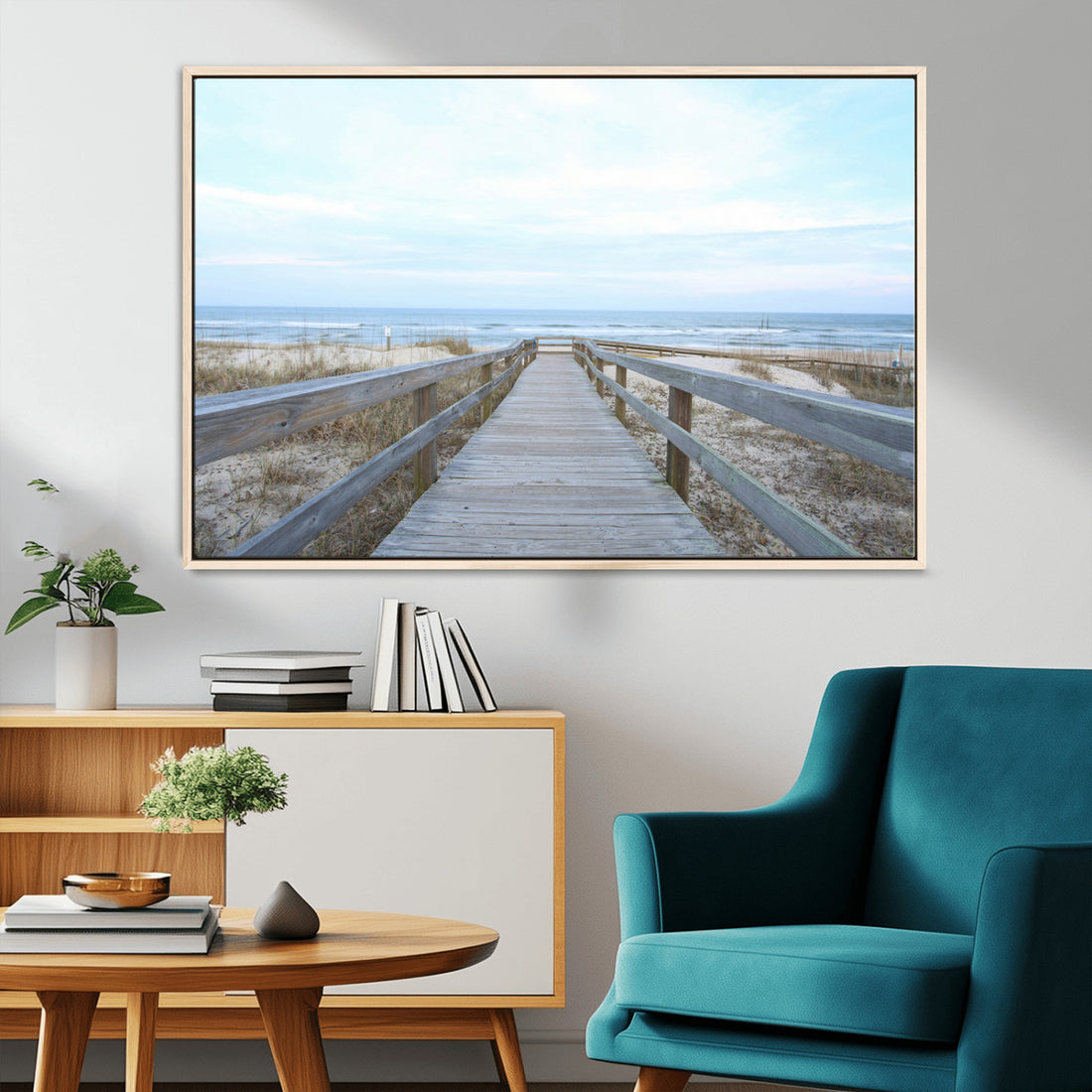 Beach Boardwalk Wall Art Canvas Print, Framed Coastal Serenity Ocean View