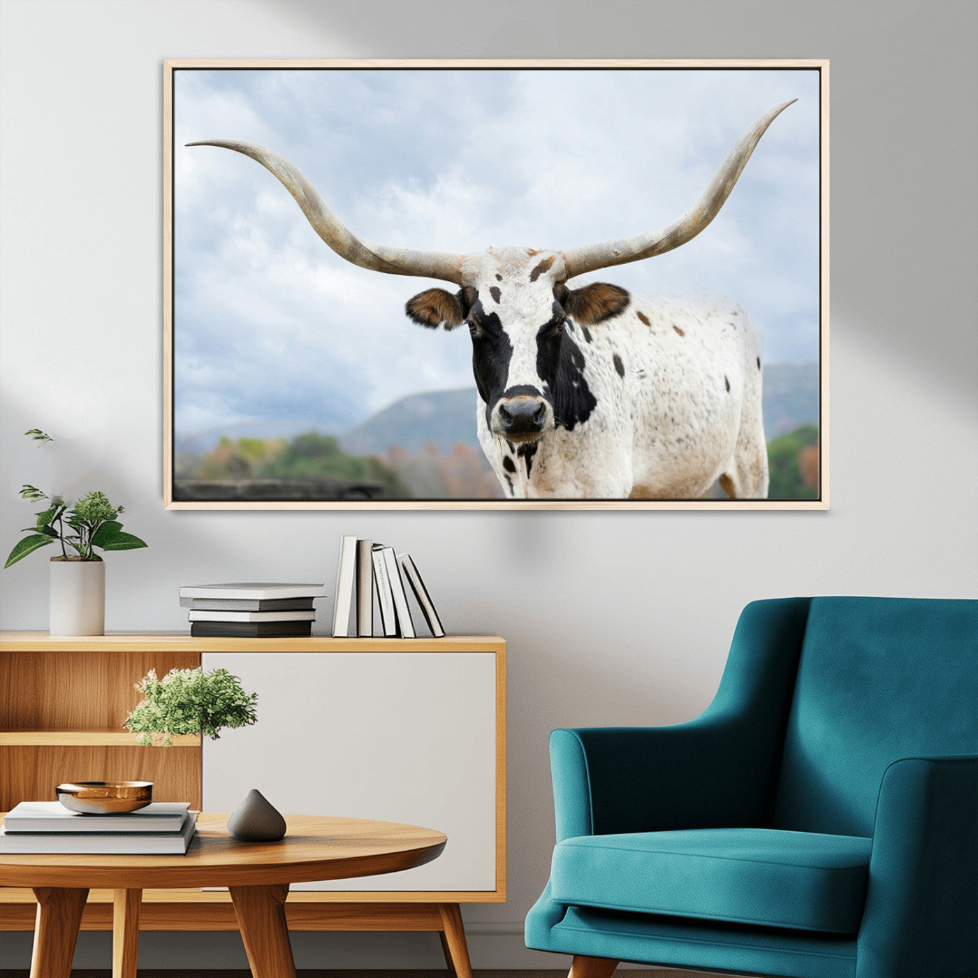 MGV-FC-36X24 - Texas Longhorn Wall Art Canvas Print, Framed Western Rustic Art Picture Print, Farmhouse Decor Perfect Farmhouse Decor Artwork