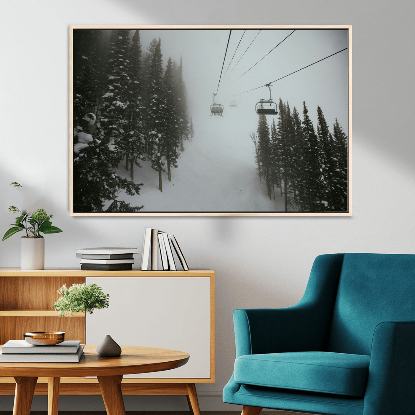 MGV-FC-36X24 - Ski Lift Wall Art Canvas Print, Framed Snowy Pines Art Picture Print, Misty Landscape Perfect Winter Serenity Decor Artwork