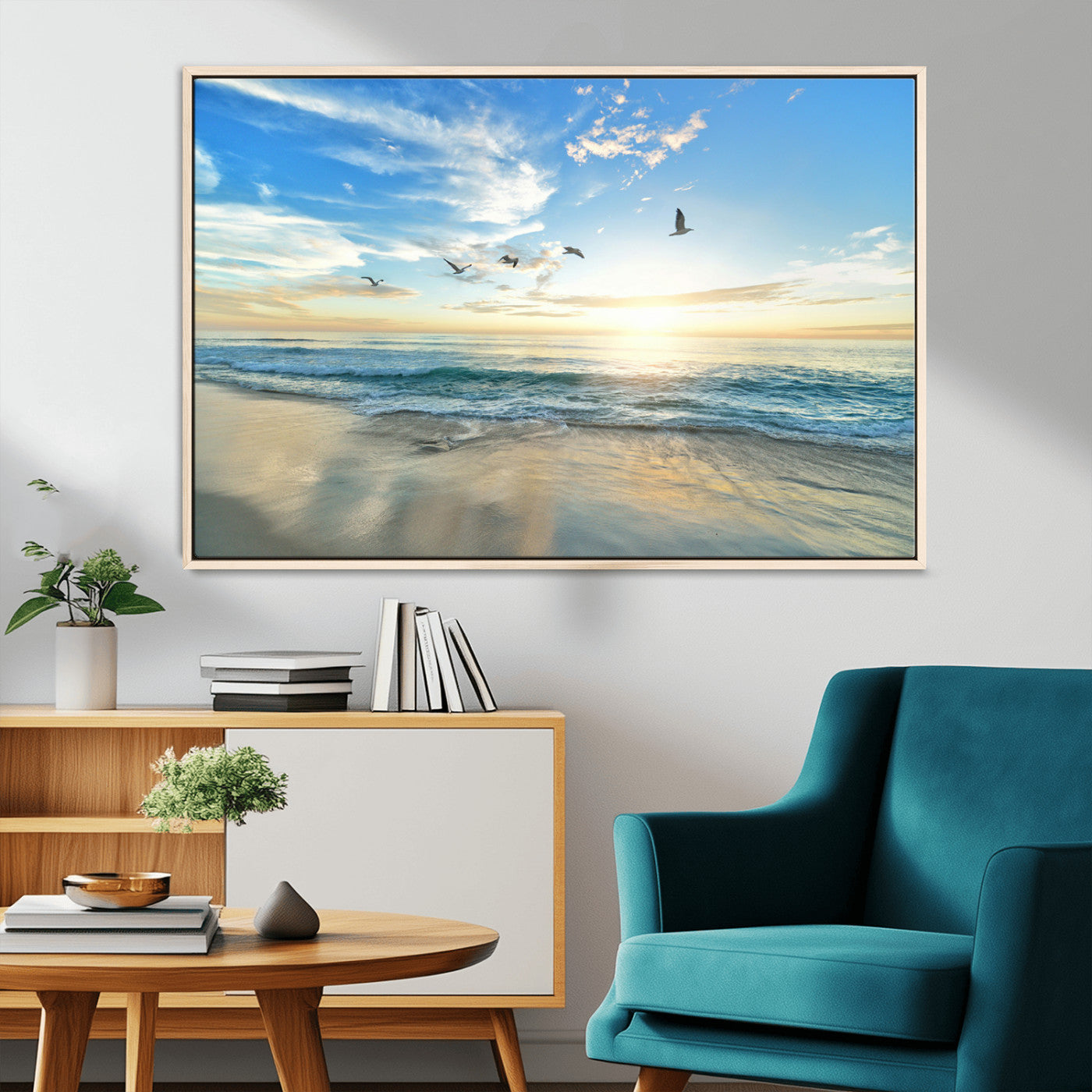 MGV-FC-36X24 - Minimalist Seaside Wall Art Canvas Print, Framed Morning Glow Art Picture Print, Golden Reflections Perfect Coastal Minimalist Decor Artwork