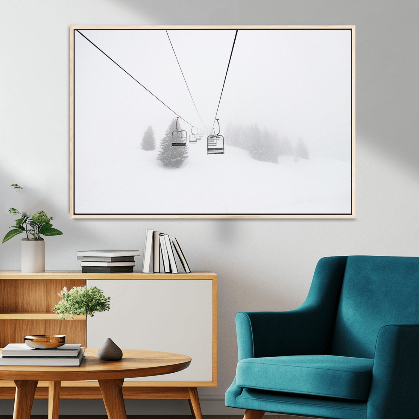 MGV-FC-36X24 - Ski Lift Wall Art Canvas Print, Framed Snowy Landscape Art Picture Print, Alpine Adventure Perfect Nordic Minimalist Decor Artwork