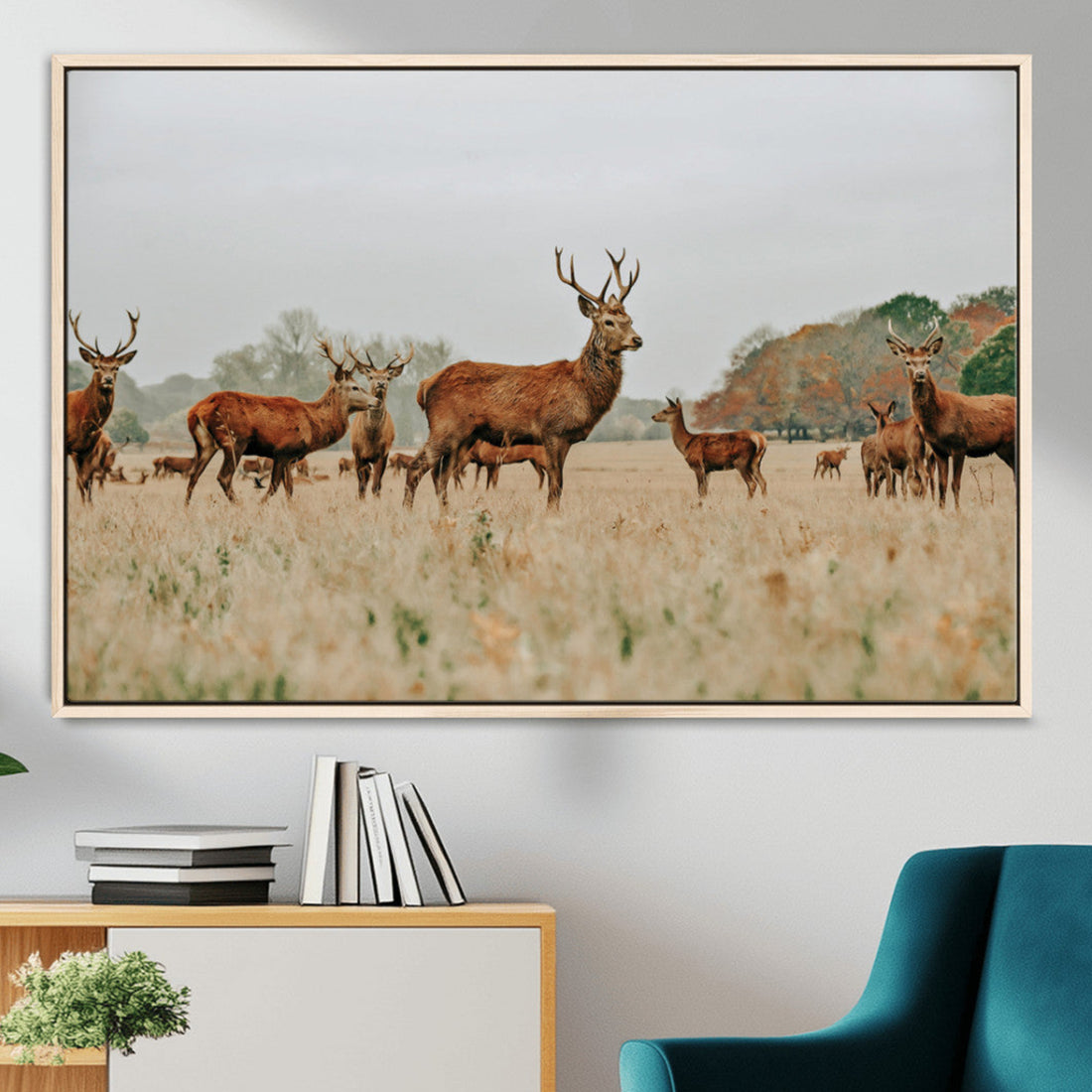 Rustic Deer Wall Art Canvas Print, Framed Autumn Forest Woodland Art, Wildlife Rustic Decor