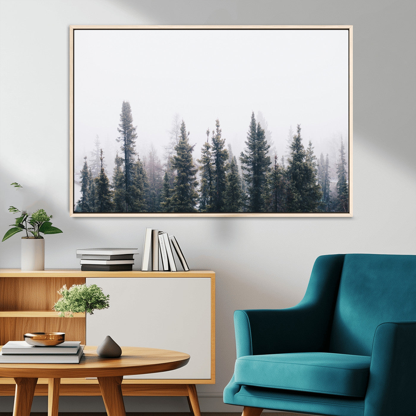 MGV-FC-36X24 - Foggy Forest Wall Art Canvas Print, Framed Misty Pines Art Picture Print, Moody Woodland Perfect Scandinavian Minimalist Decor Artwork
