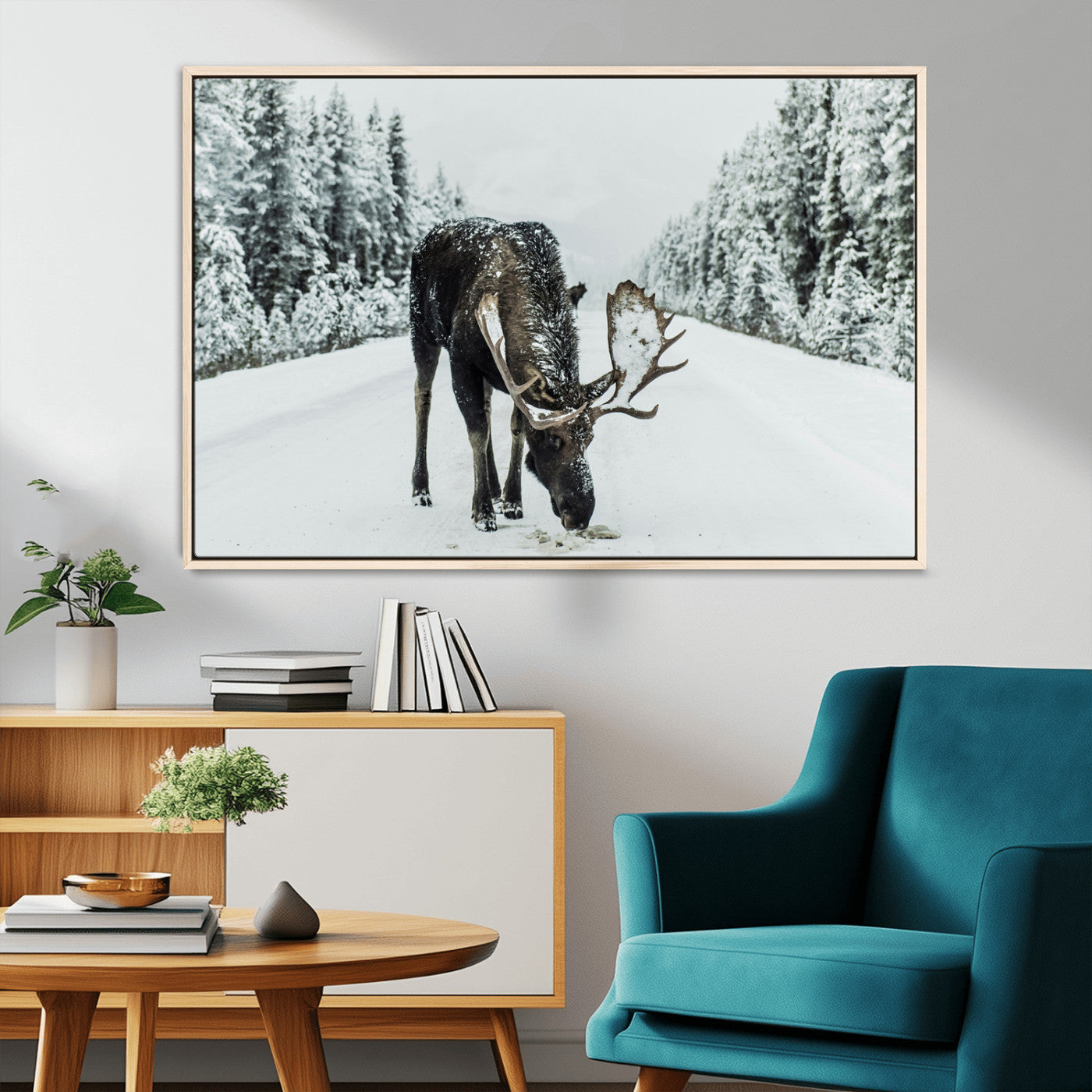 MGV-FC-36X24 - Moose in Snow Wall Art Canvas Print, Framed Winter Wildlife Art Picture Print, Snowy Forest Scene Perfect Rustic Lodge Decor Artwork