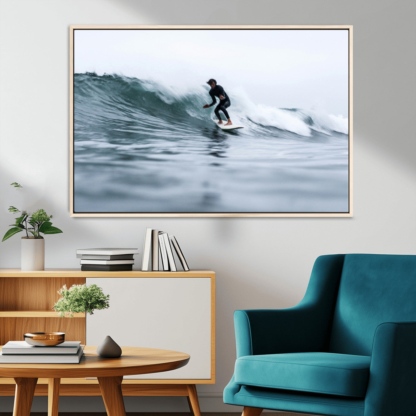 MGV-FC-36X24 - Surfer on Wave Wall Art Canvas Print, Framed Ocean Adventure Art Picture Print, Motion Blur Water Perfect Coastal Adventure Decor Artwork