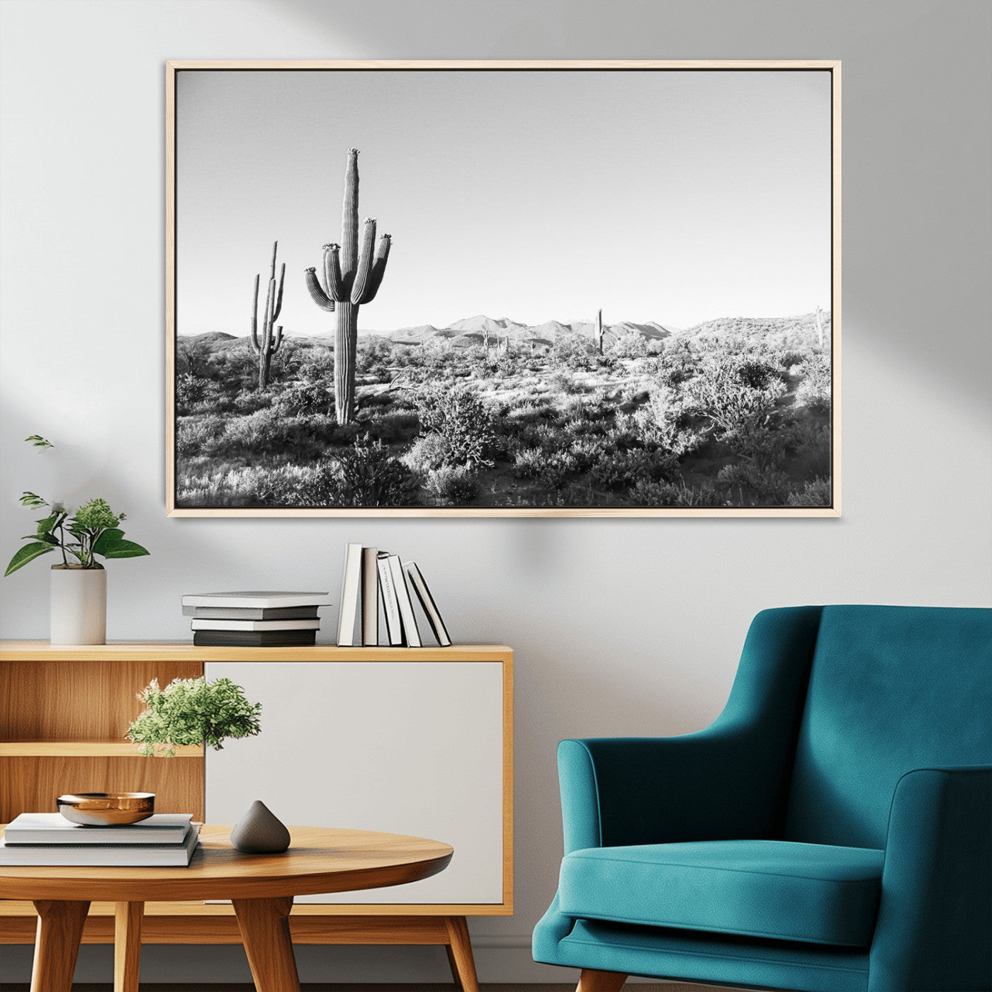 MGV-FC-36X24 - Saguaro Cactus Wall Art Canvas Print, Framed Monochrome Landscape Art Picture Print, Scenic Arizona View Perfect Minimalist Western Decor Artwork