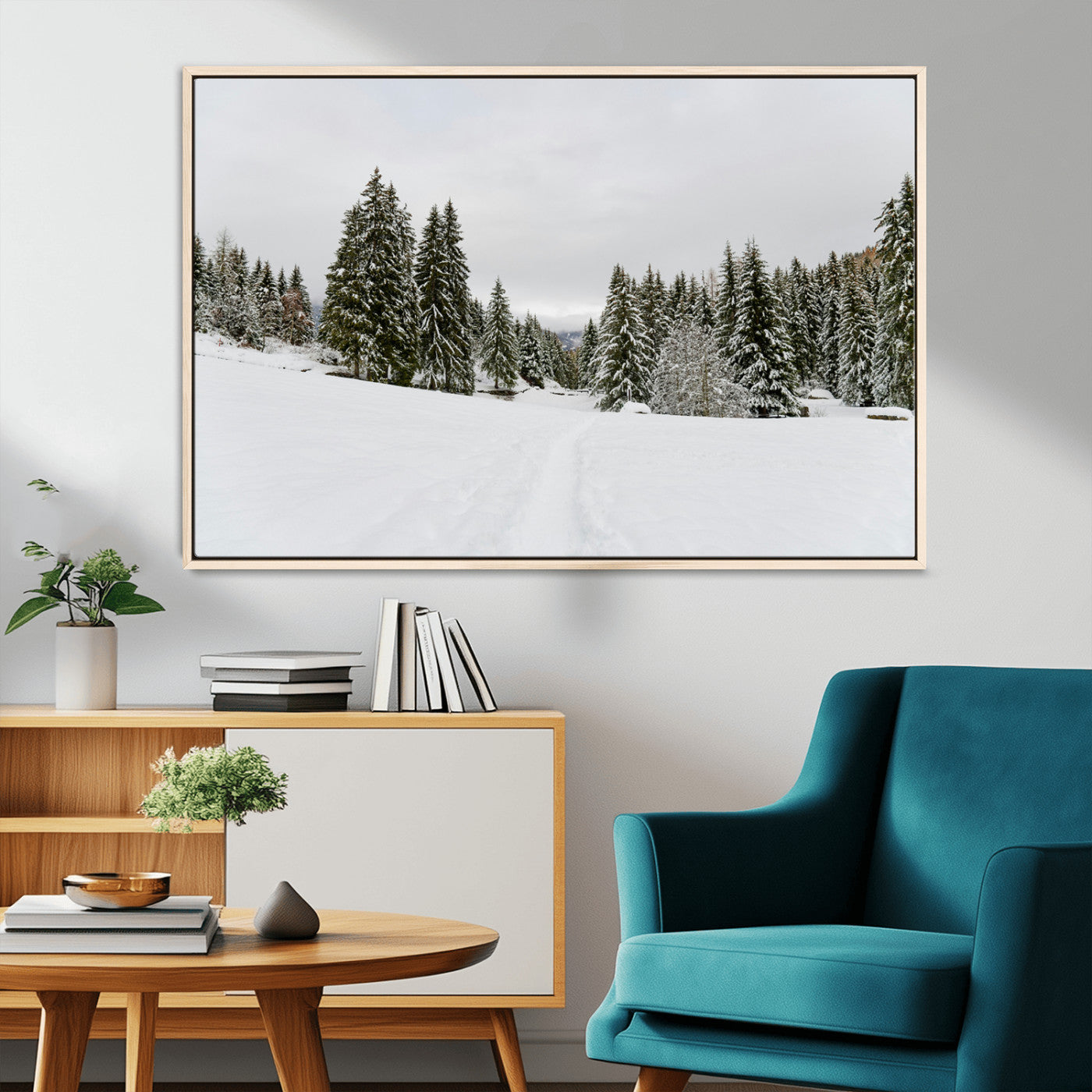 MGV-FC-36X24 - Frosty Pines Wall Art Canvas Print, Framed Silent Snowfall Art Picture Print, Cozy Cabin Vibes Perfect Nordic Minimalist Decor Artwork