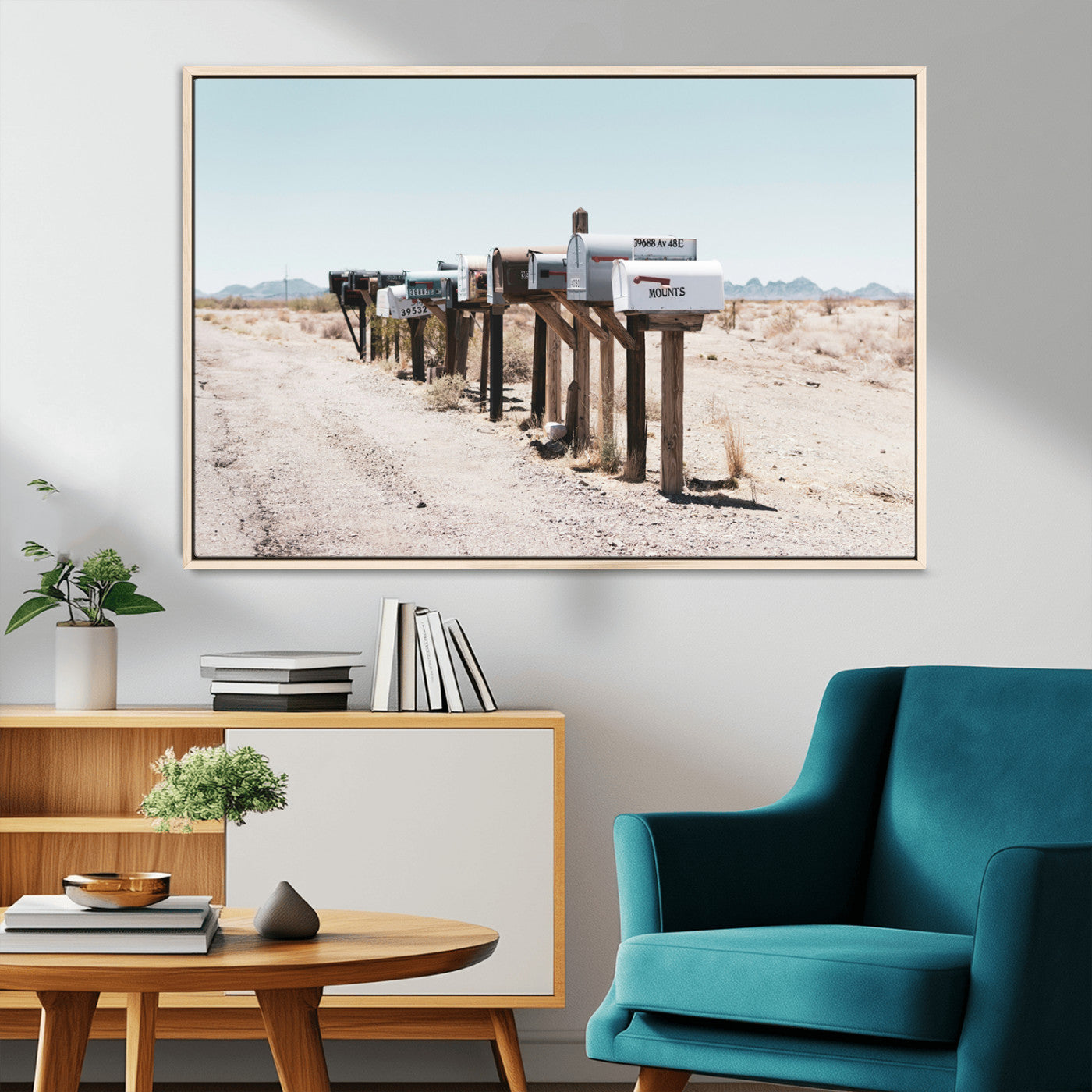 MGV-FC-36X24 - Desert Mailboxes Canvas Print – Minimal Western Landscape Photography, Rustic Americana Wall Art for