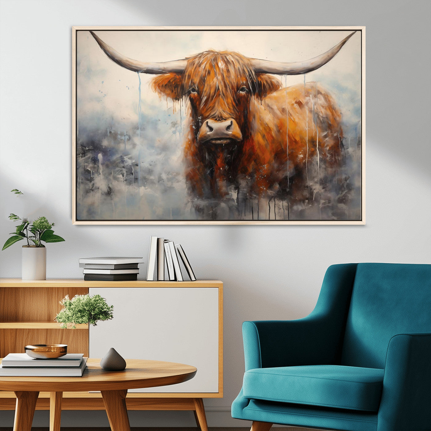 MGV-FC-36X24 - Scottish Highland Wall Art Canvas Print, Framed Longhorn Art Picture Print, Western Cow Perfect Farmhouse Decor Artwork