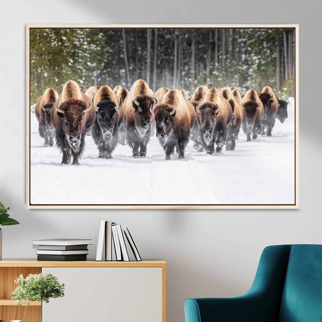 American Bison Herd Wall Art Canvas Print, Powerful Winter Wildlife Scene with Buffalo