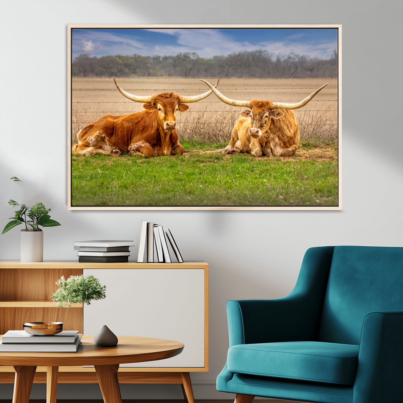 MGV-FC-36X24 - Texas Longhorn Pair Wall Art Canvas Print – Peaceful Rustic Ranch Scene with Two Cattle in Field,