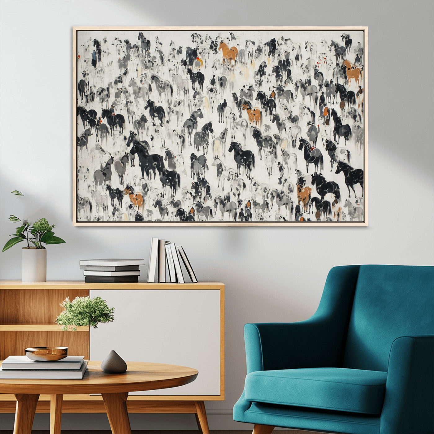 MGV-FC-36X24 - Wild Horse Stampede Wall Art Canvas Print – Monochrome Ink Brush Painting of Running Horses, Perfect