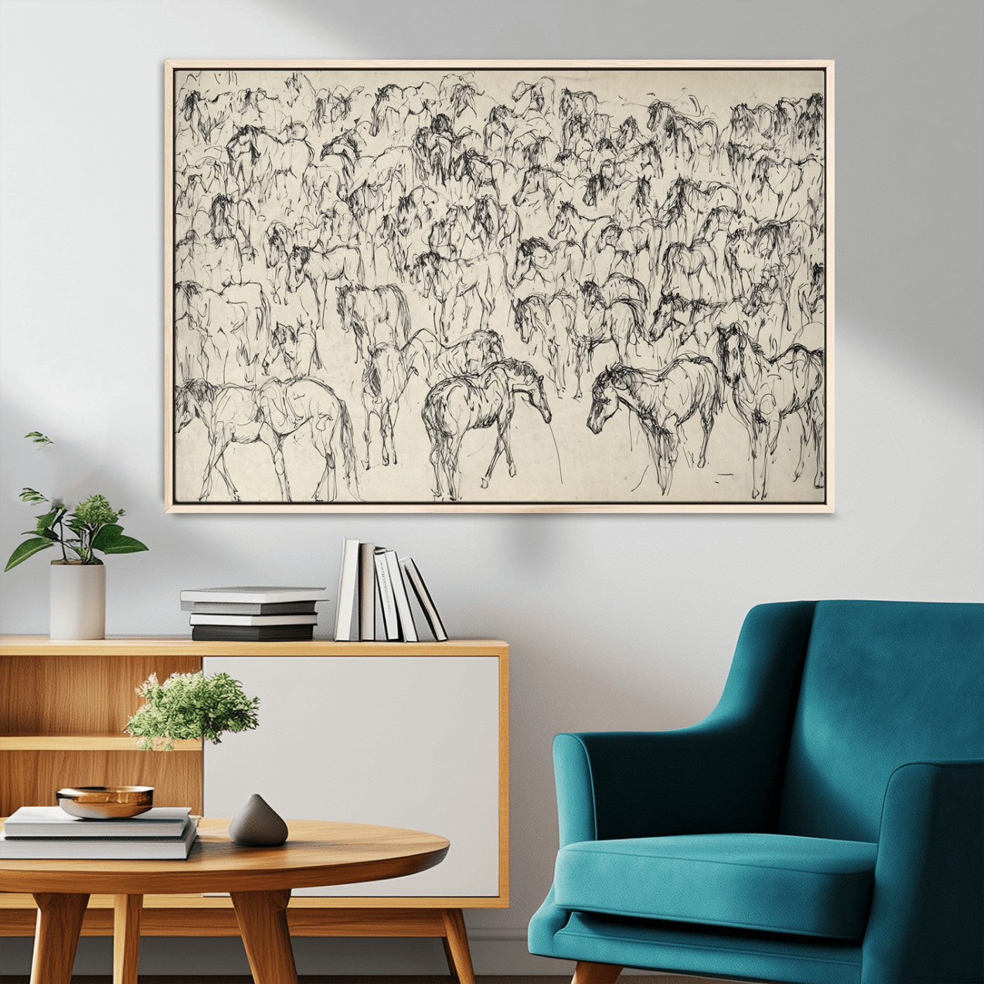MGV-FC-36X24 - Wild Horse Stampede Wall Art Canvas Print – Monochrome Ink Brush Painting of Running Horses, Perfect