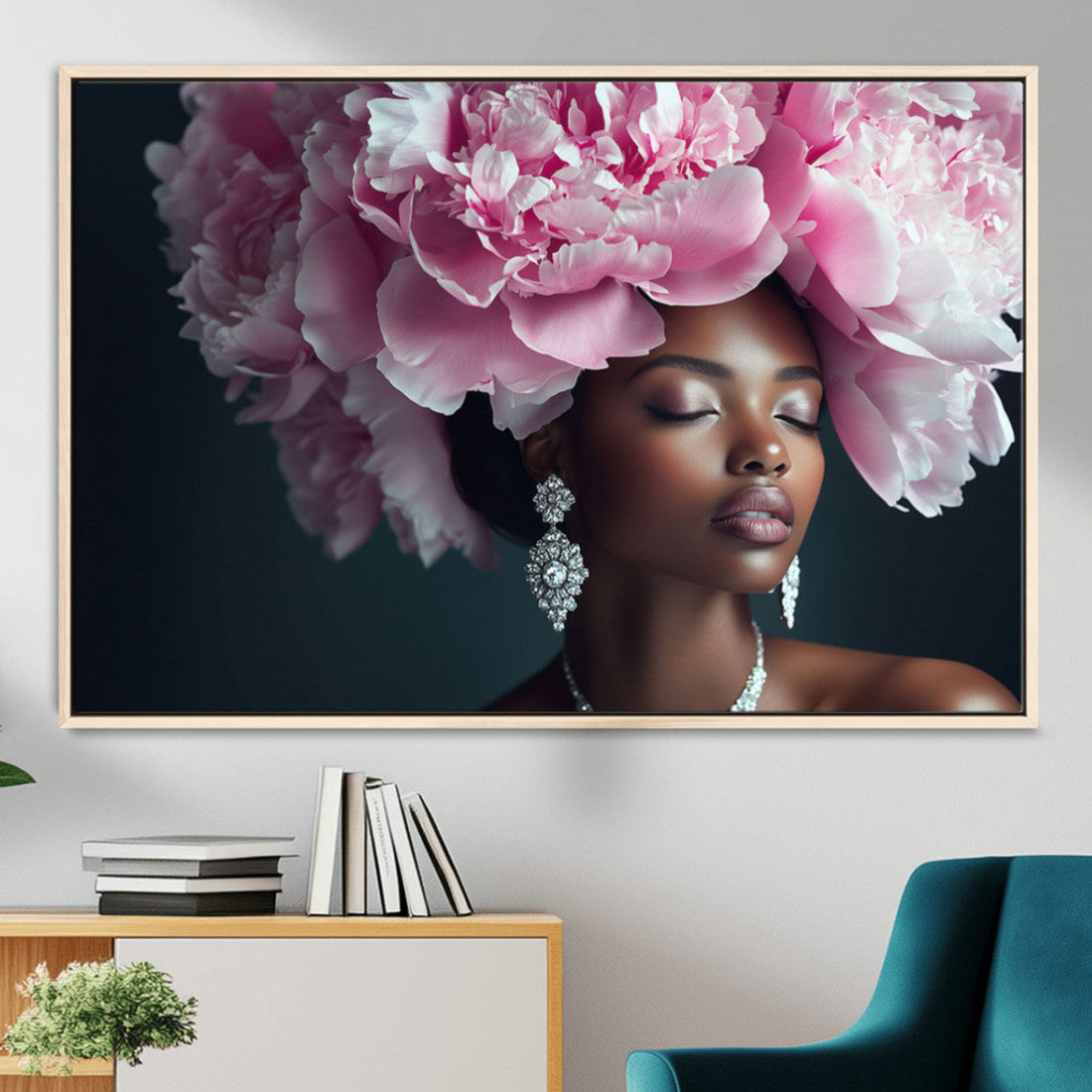 Black Beauty Petal Crown Wall Art Canvas Print, Floral Crown Woman Portrait, Feminine Decor