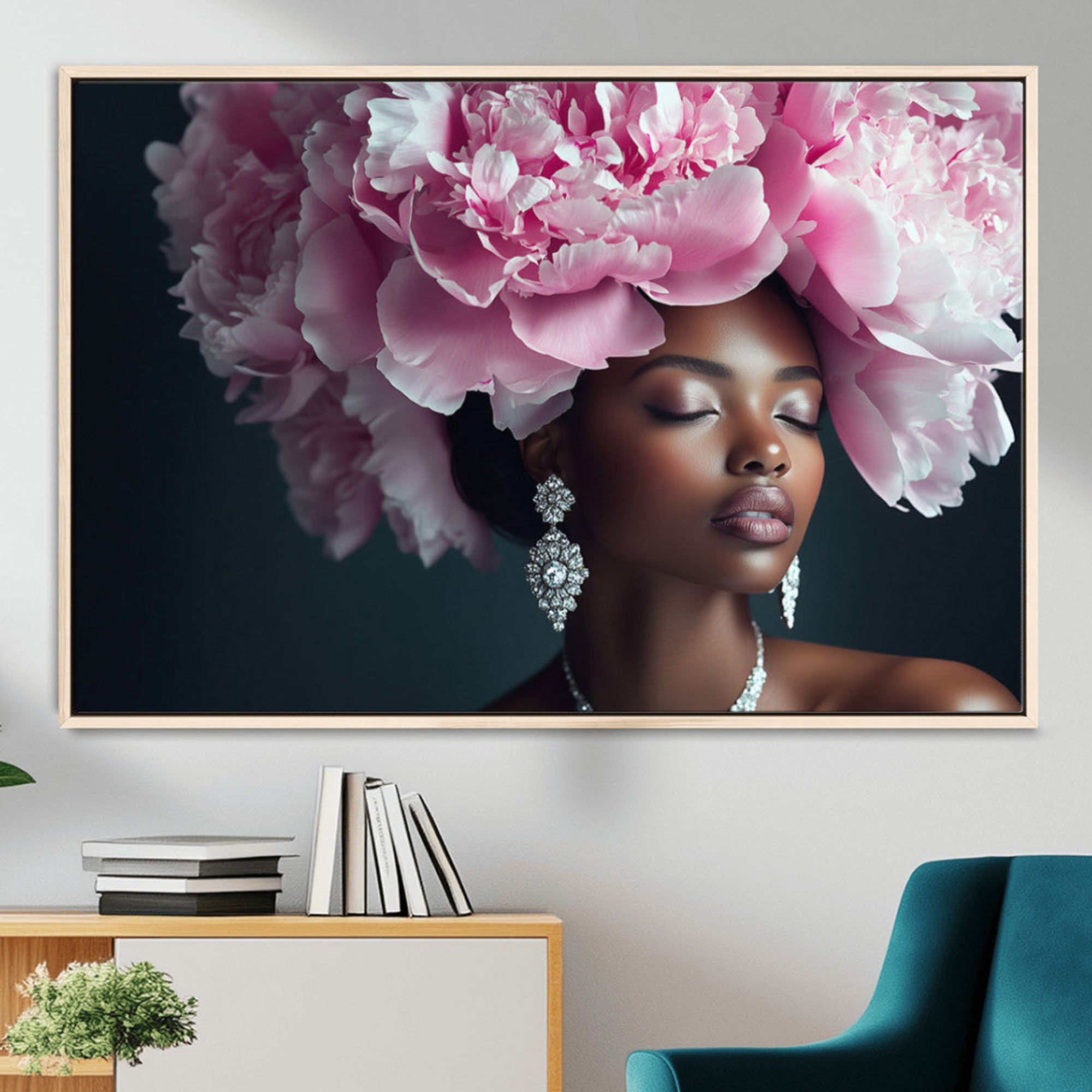 -Black Beauty Petal Crown Wall Art Canvas Print – Floral Petal Headpiece Elegant Design, Petal Inspired Artwork for Home, Office