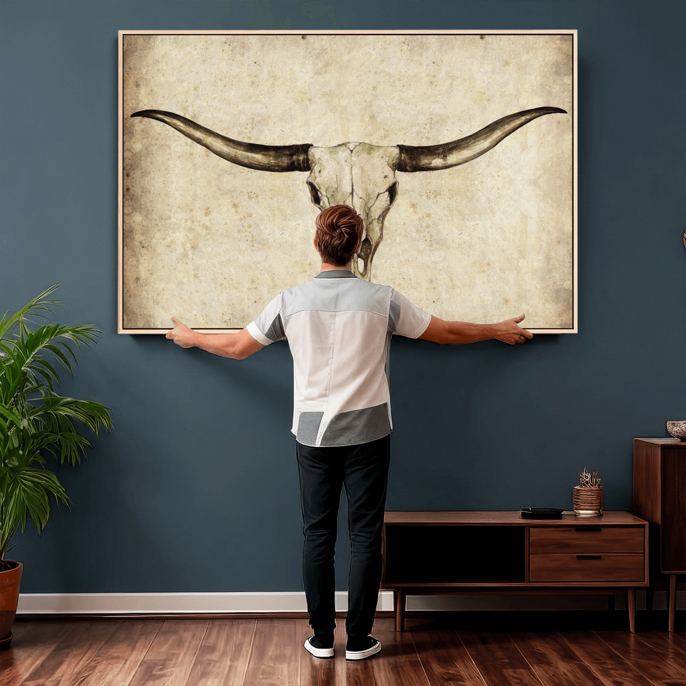 42788678-MGV-CV-36X24 - Longhorn Skull Wall Art Canvas Print – Rustic Western Artwork Print for Living Room Wall Decor