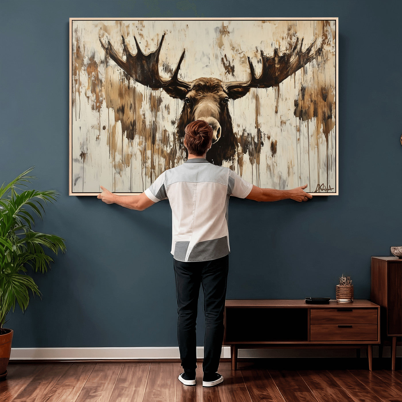 34496536-MGV-CV-36X24 - Powerful Moose Portrait Wall Art – Rich Earthy Tones, Expressive Brushstrokes, Striking Gaze, Raw Nature Vibes Decor for Home or Office