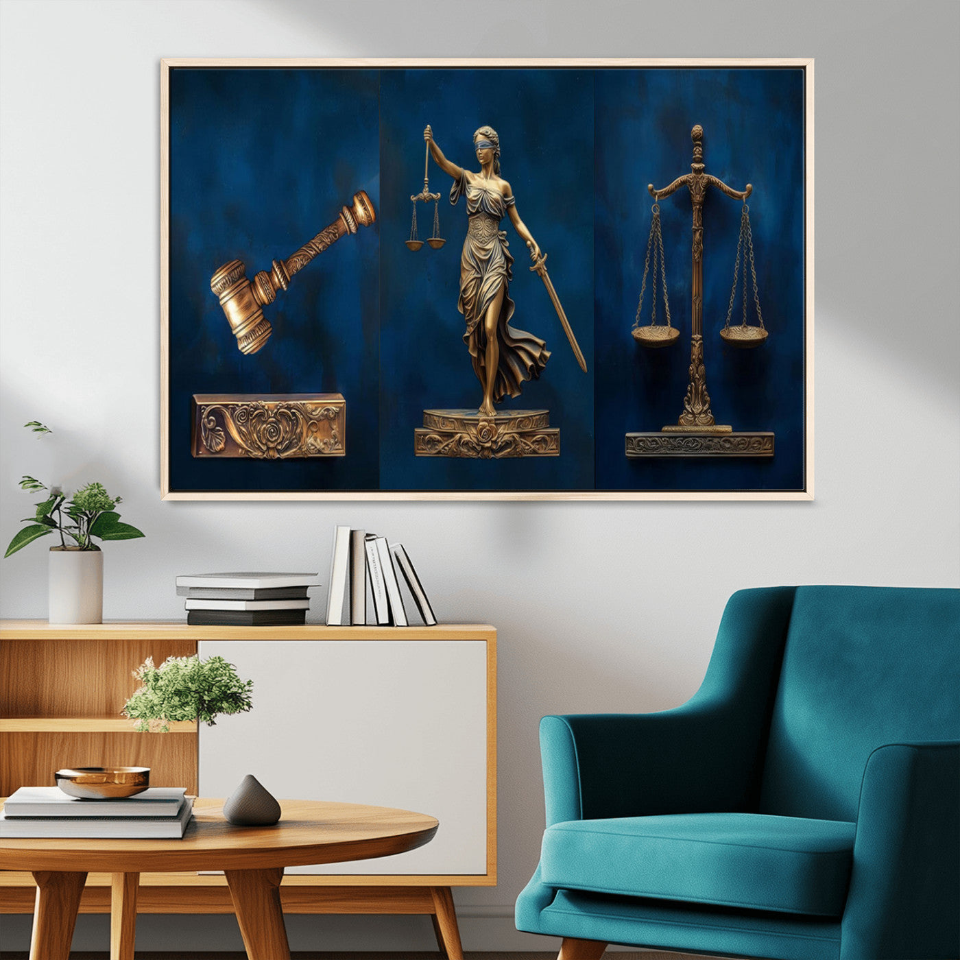 MGV-FC-36X24 - Lady Justice Wall Art Canvas Print – Elegant Gold Legal Symbols on Blue Background, Perfect for Law