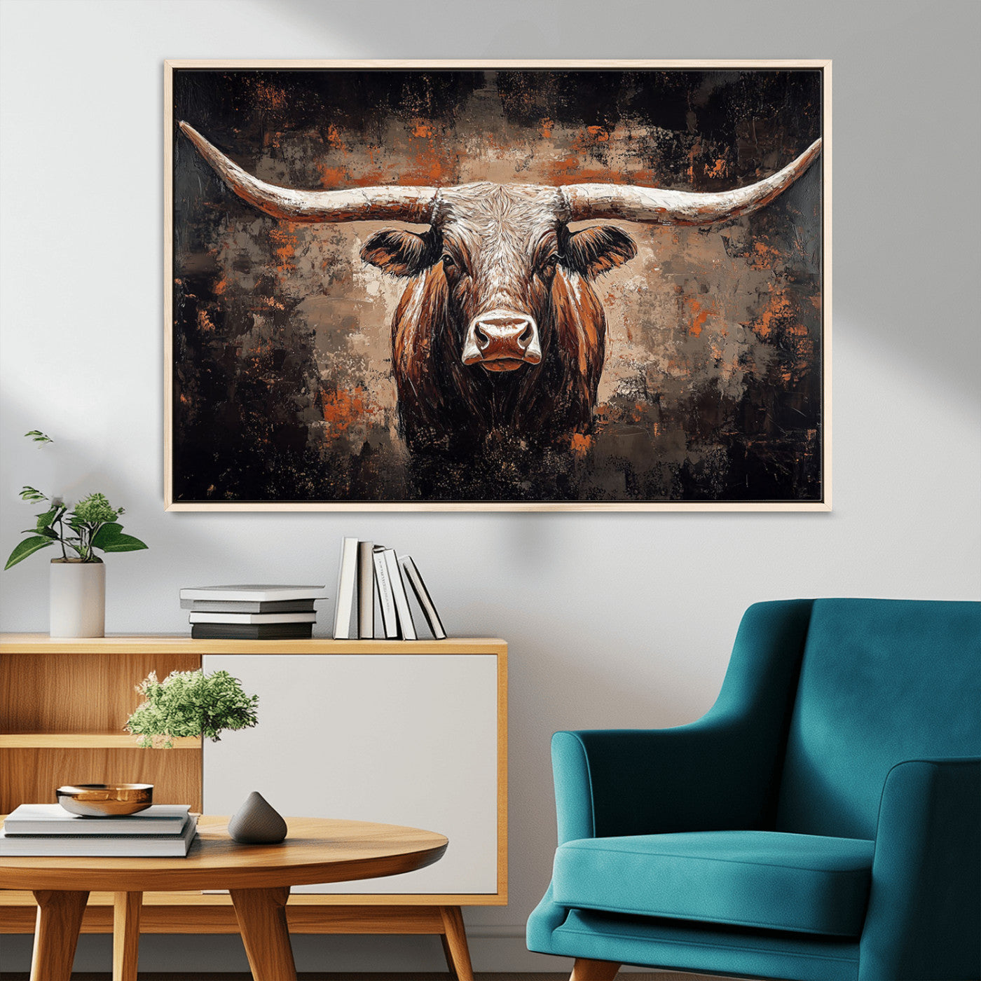 Rustic Longhorn Bull Wall Art Canvas Print – Vintage Western Cattle Painting, Texas Steer Artwork for Ranch, Farmhouse or Cowboy Decor