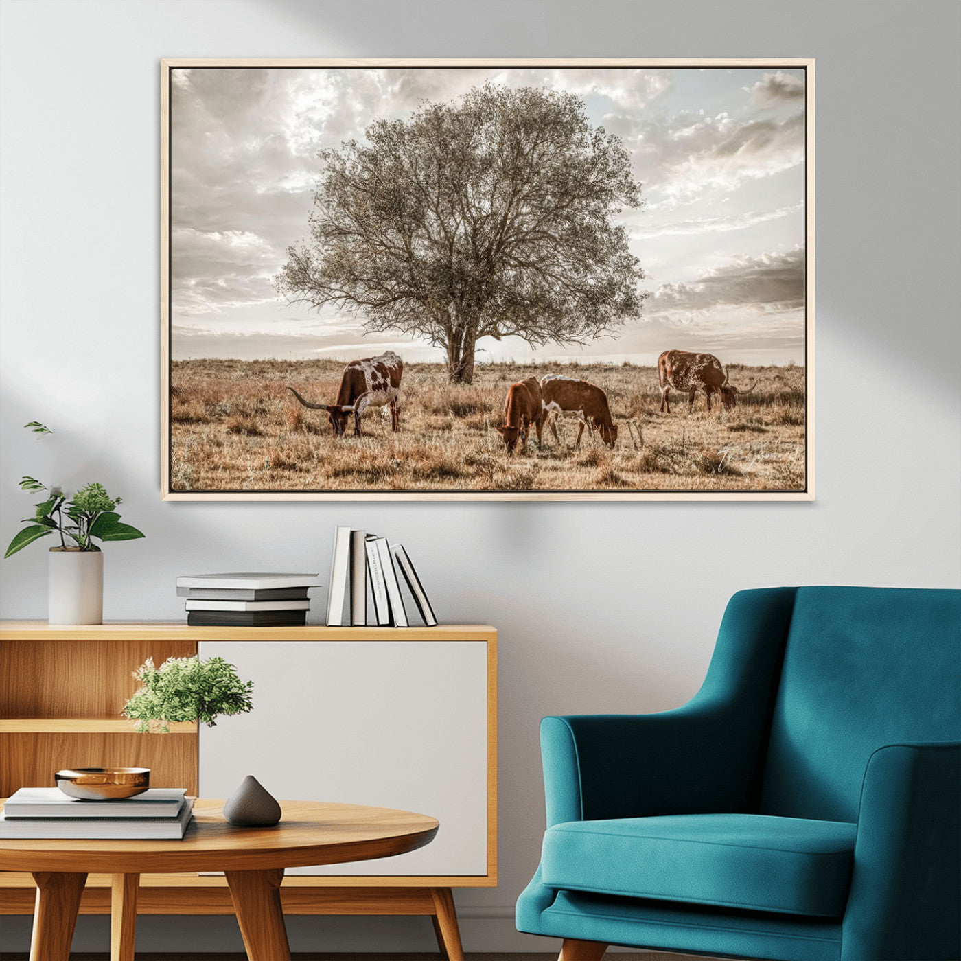 Texas Longhorn Cattle Wall Art Canvas Print – Rustic Western Ranch Scene with Steers at Sunset, Perfect for Farmhouse or Cowboy Decor