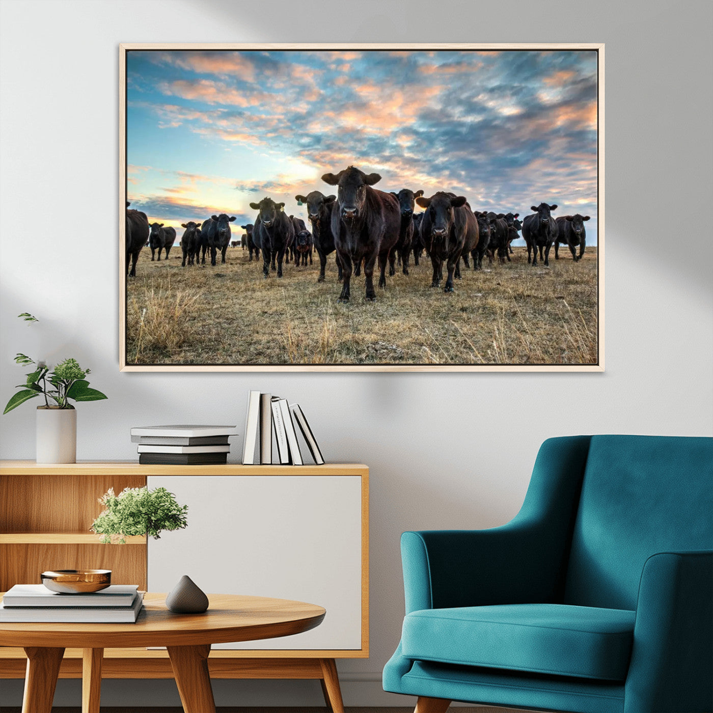 13867292-MGV-FC-36X24_Natural-Texas Longhorn Cattle Wall Art Canvas Print – Rustic Western Ranch Scene with Steers at Sunset, Perfect for Farmhouse or Cowboy Decor