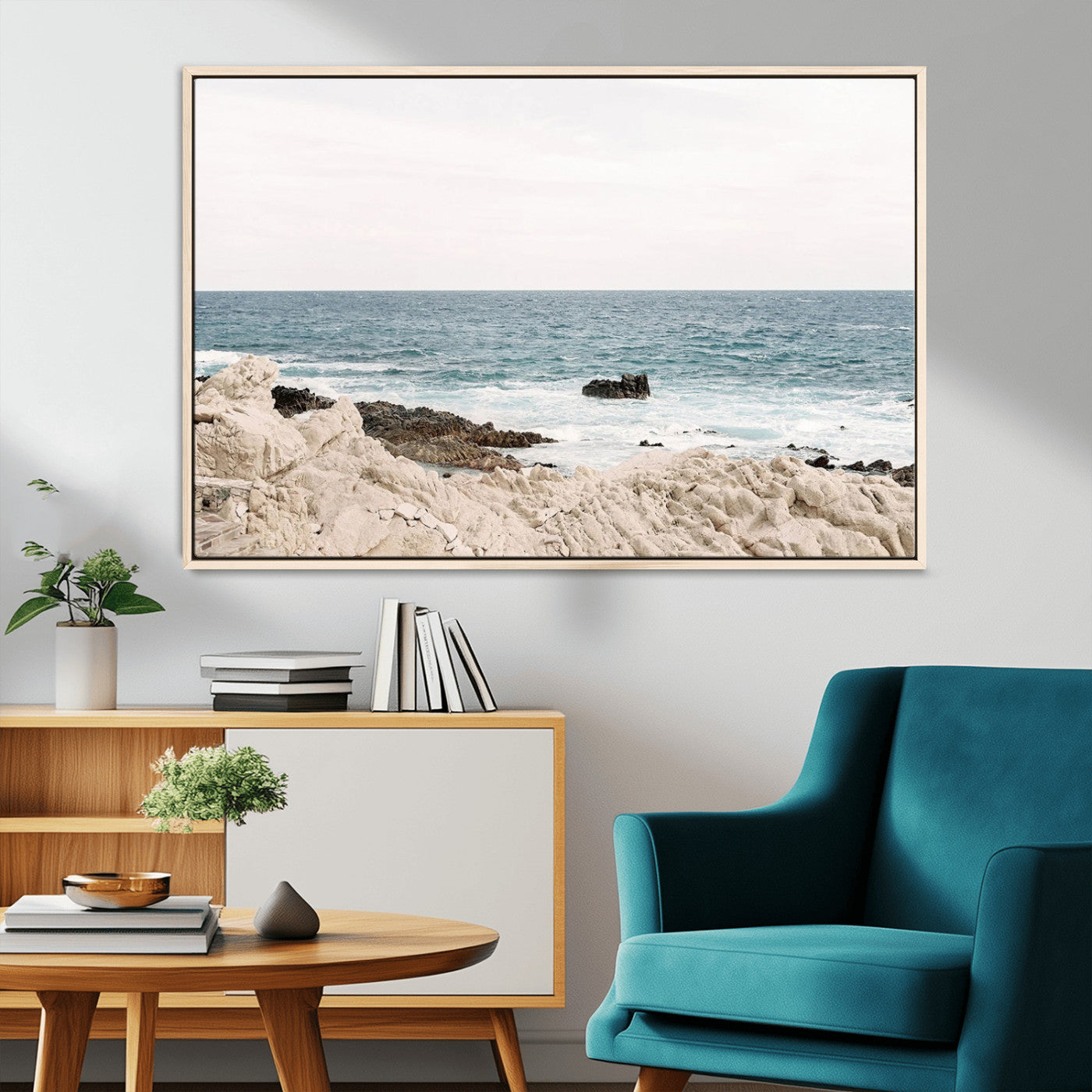 Coastal Ocean View Wall Art Canvas Print – Serene Rocky Shoreline and Blue Sea Photography for Coastal Chic or Minimalist Home Decor