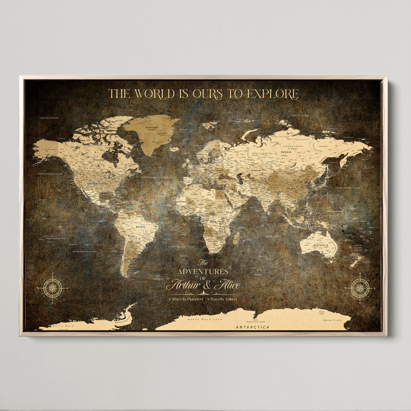 76675404-MGV-CV-36X24-Framed Push Pin World Travel Map – Canvas Wall Art for Tracking Adventures, Decorative Vintage Style Map with Pins for Home or Office - H1