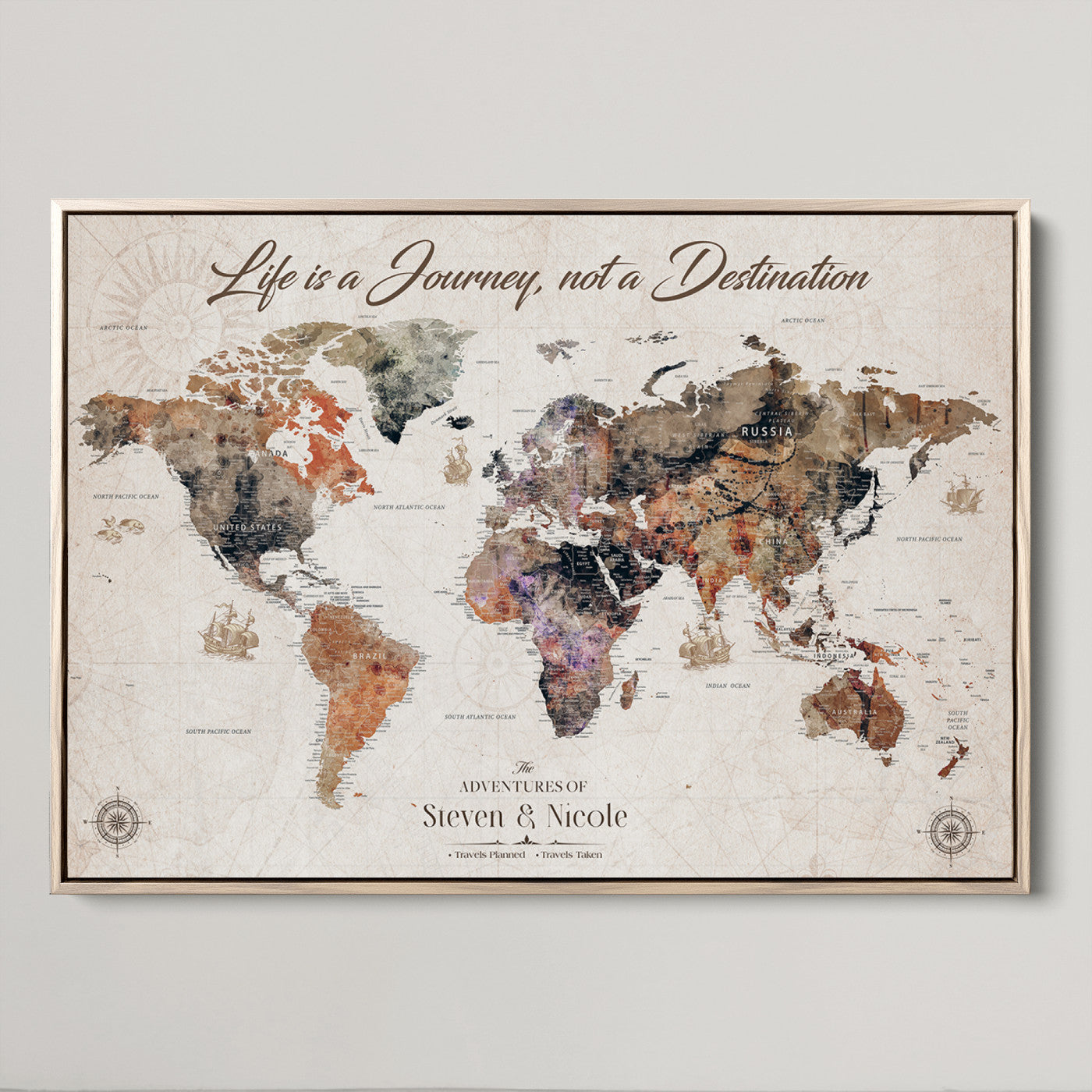 96000140-MGV-CV-36X24-Custom Push Pin World Map Wall Canvas Print – Personalized Travel Tracker with Pins – Framed Large Multi-Size Canvas for Home Office Decor