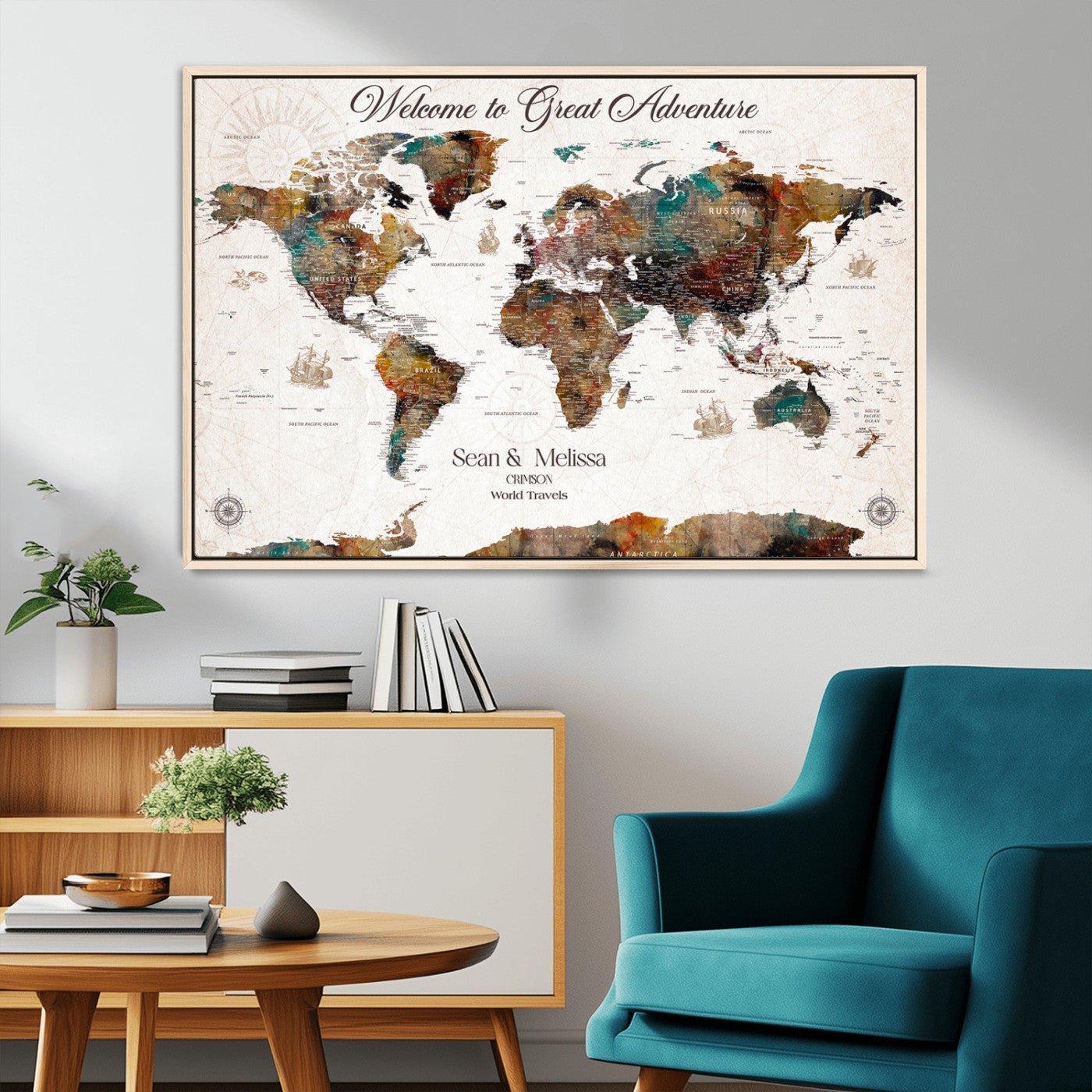 92462592-MGV-FC-36X24_Natural-Customize Push Pin World Map Wall Canvas Print – Personalizable Travel World Map with Pins – Framed Personalized Map Print for Couple Gift - H31
