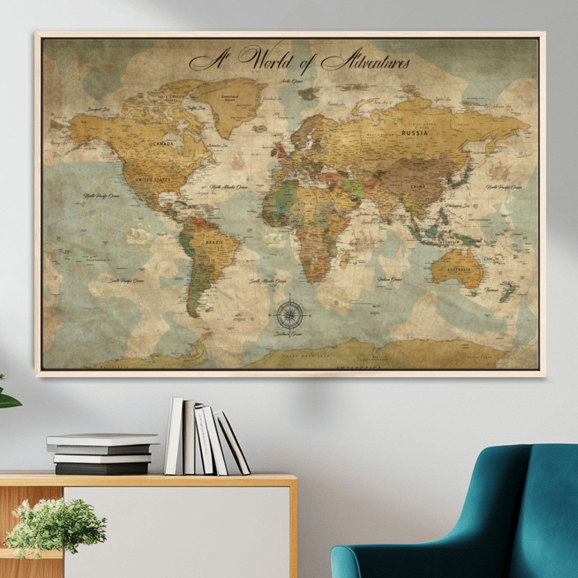 Rehber01-MGV-CV-36X24-Personalized World Map Canvas – Custom Framed Push Pin Travel Map Wall Art, Vintage Style Gift for Couples or Families