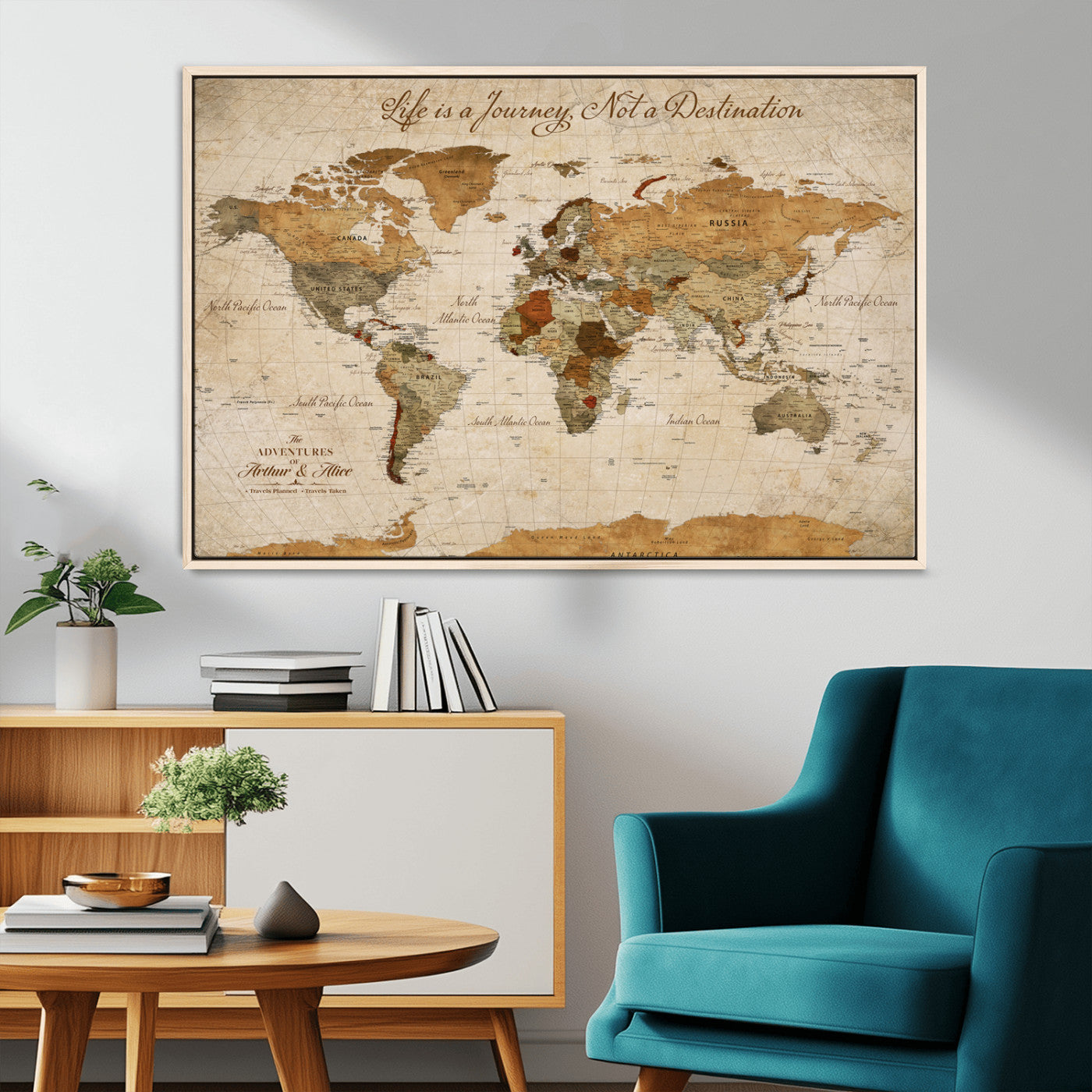 78211415-MGV-FC-36X24_Natural-Customize Push Pin World Map Wall Canvas Print – Personalized Travel Tracker with Pins – Framed Custom Quotie Canvas for Home Office Decor