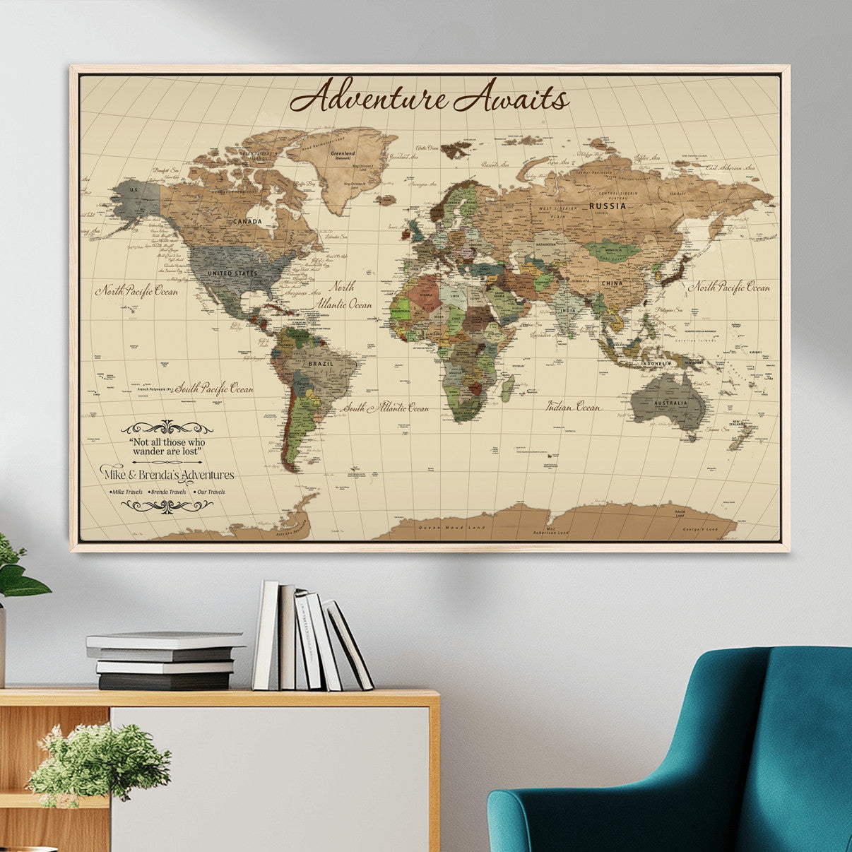 31875069-MGV-FC-36X24 - Customizable Push Pin World Map Wall Canvas Print – Personalize Travel Tracker with Pins – Framed Custom Quotie Canvas for Home Office Decor