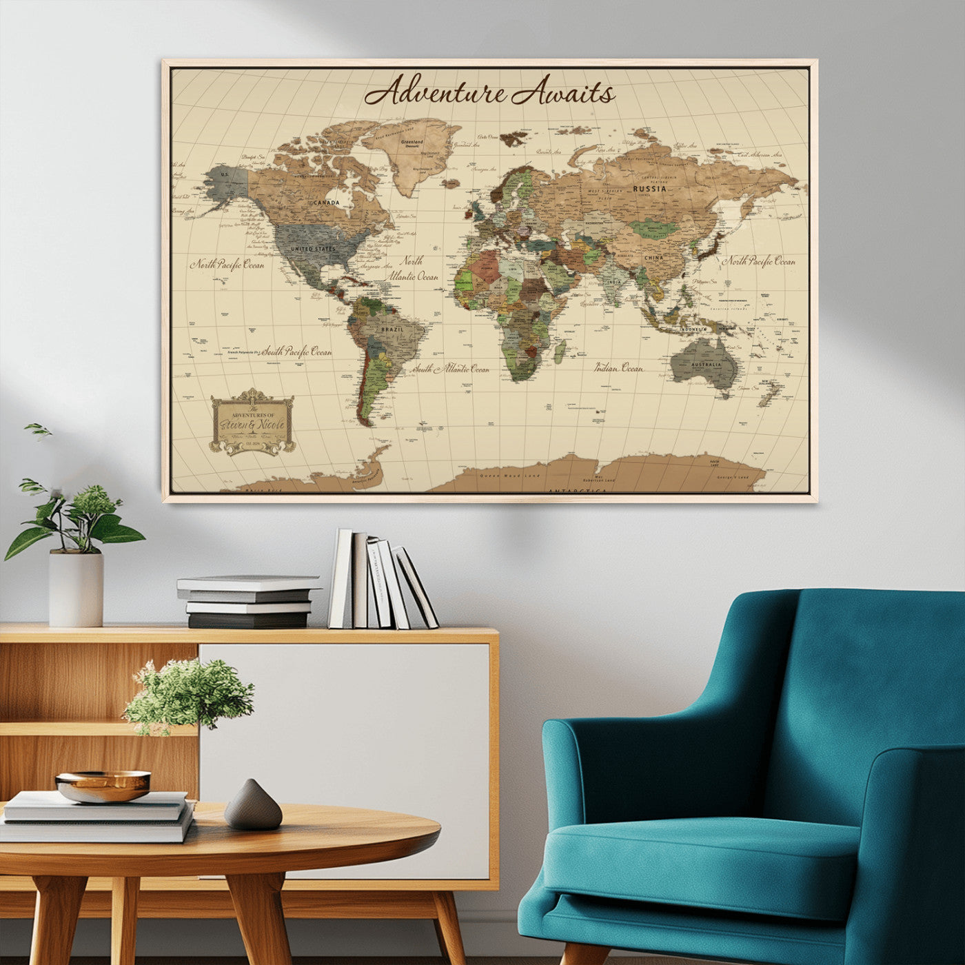 31875069-MGV-FC-36X24_Natural-Custom Push Pin World Map Wall Canvas Print – Personalized Travel Tracker with Pins – Framed Custom Quotie Canvas for Home Office Decoration